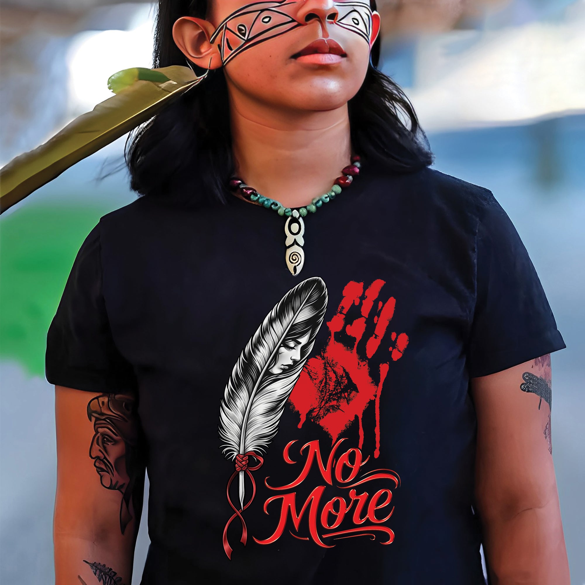 No More MMIW Awareness - Native American Feather & Handprint Design Unisex T-shirt/T-shirt V-Neck/Hoodie/Sweatshirt