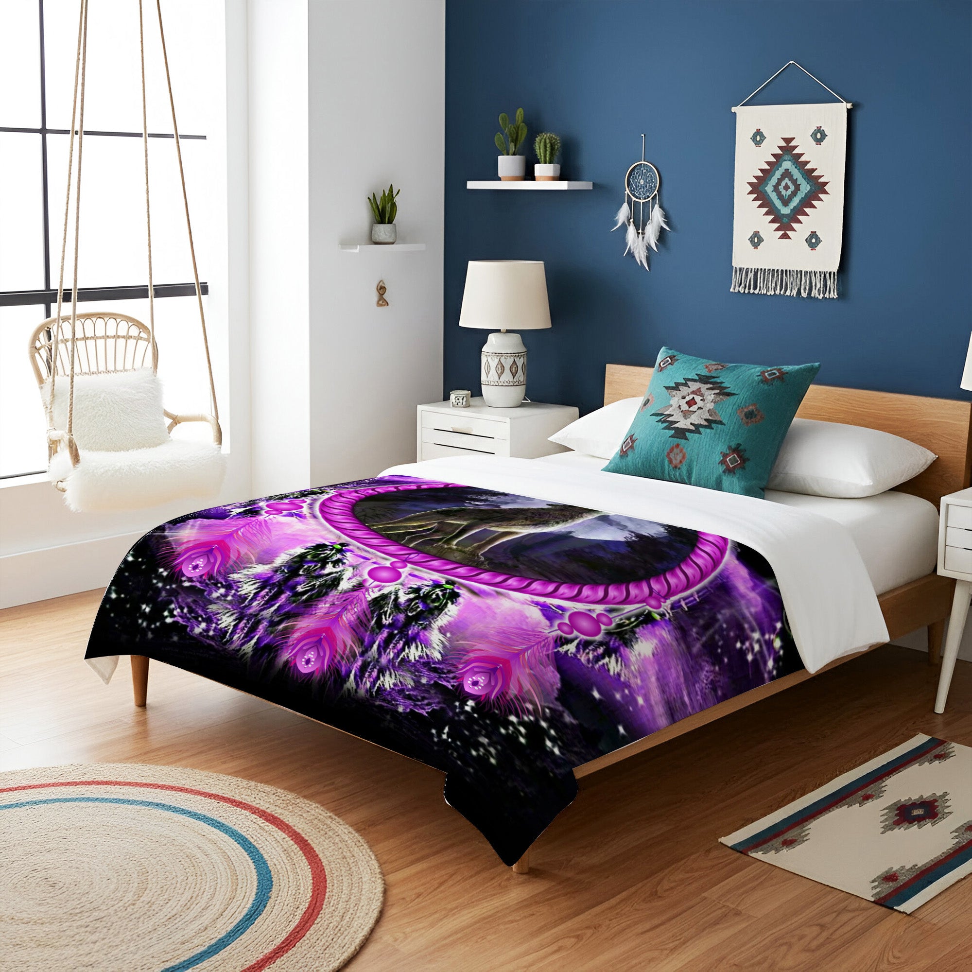 Native American Style Purple Wolf Dream Soft And Warm Premium Fleece Blanket