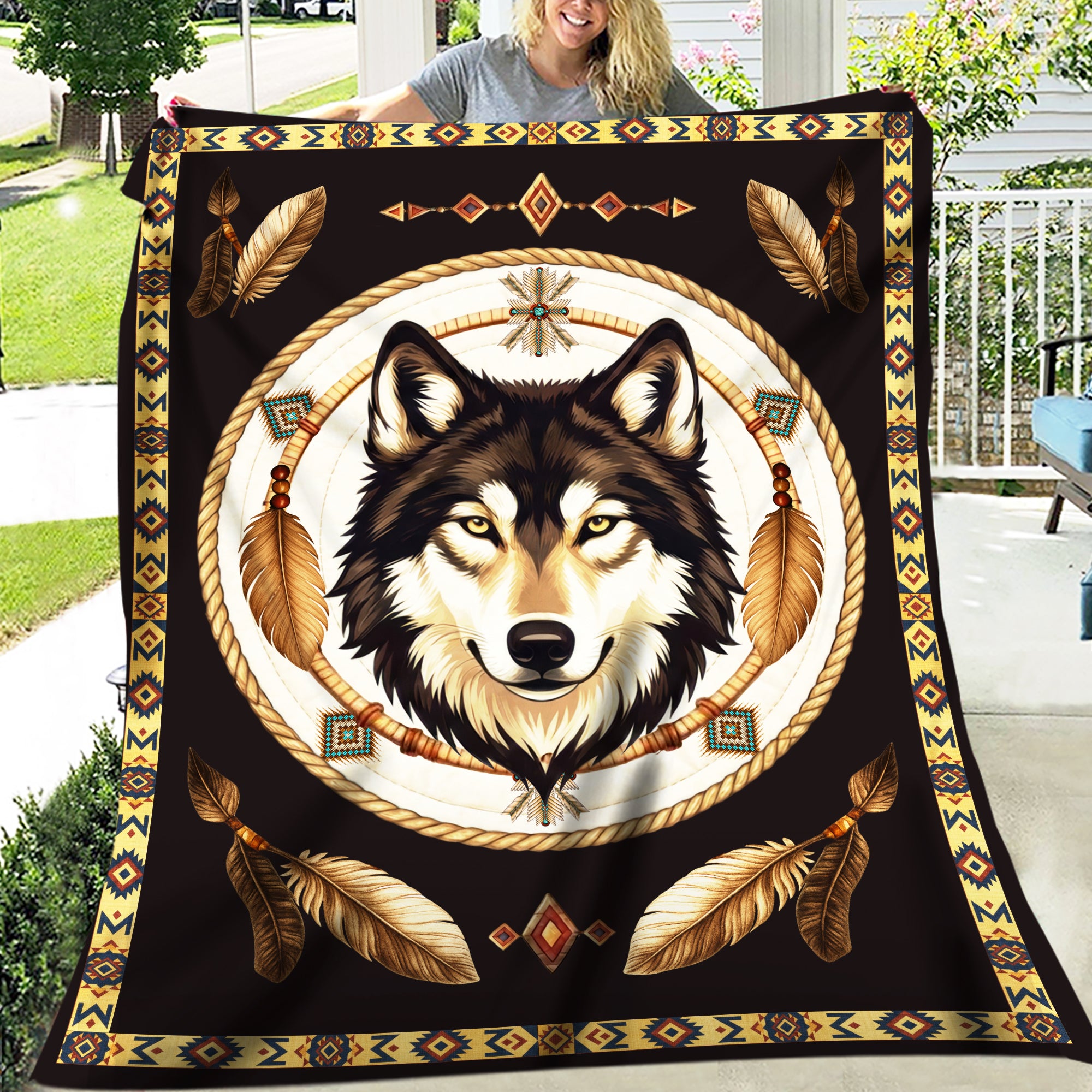 Native Wisdom Wolf Throw Native American Cozy Fleece Blanket