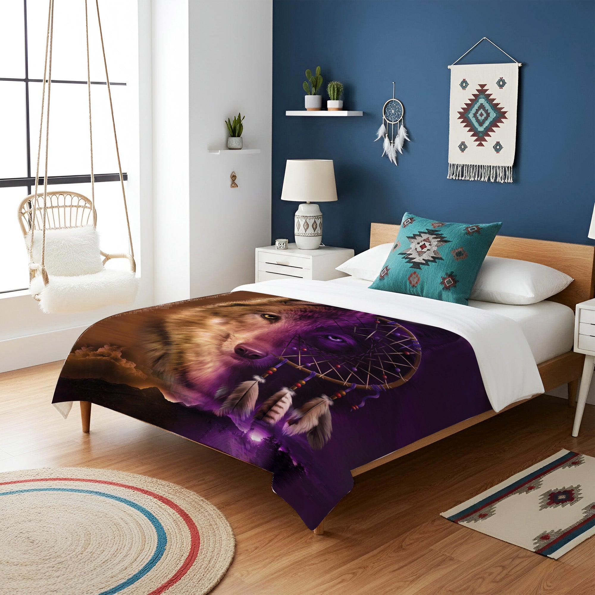 Native American Style  Wolf Native Soft And Warm Premium Fleece Blanket