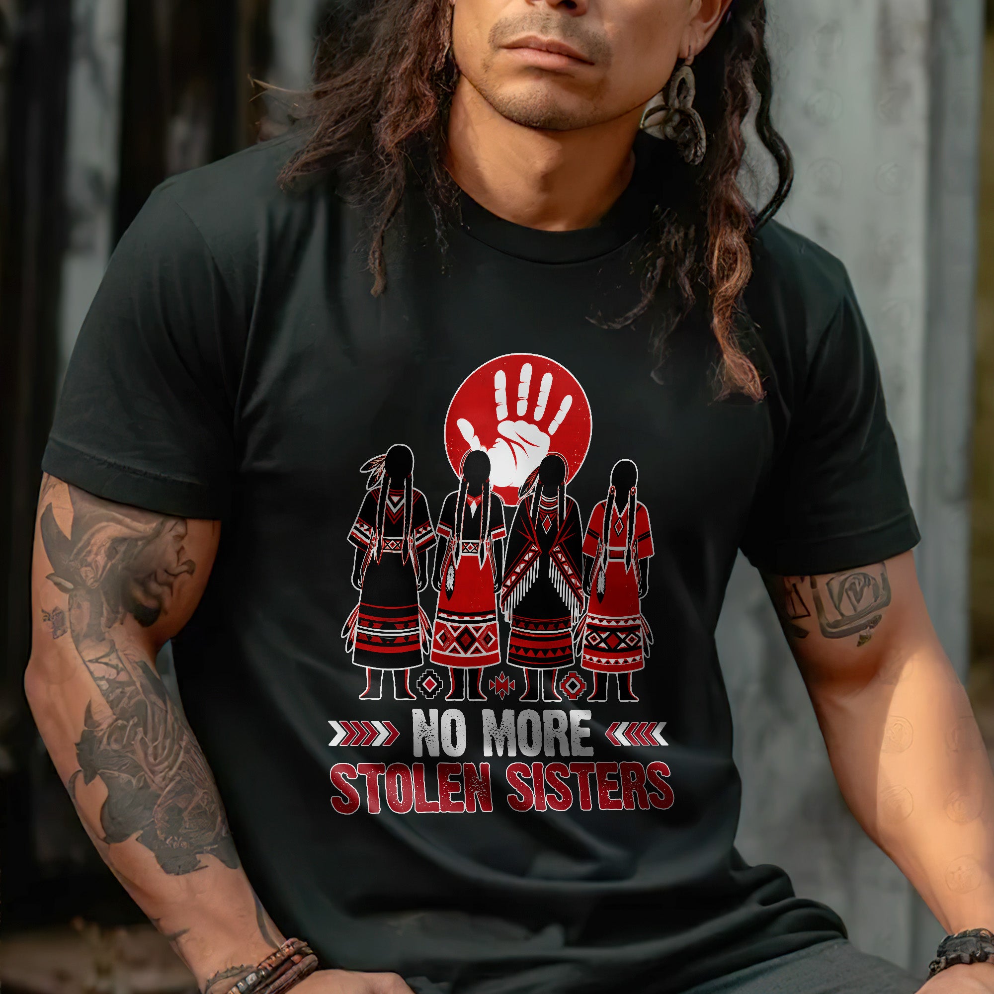 No More Stolen Sisters - Native American Red Hand & Silhouette Design Unisex T-shirt/T-shirt V-Neck/Hoodie/Sweatshirt
