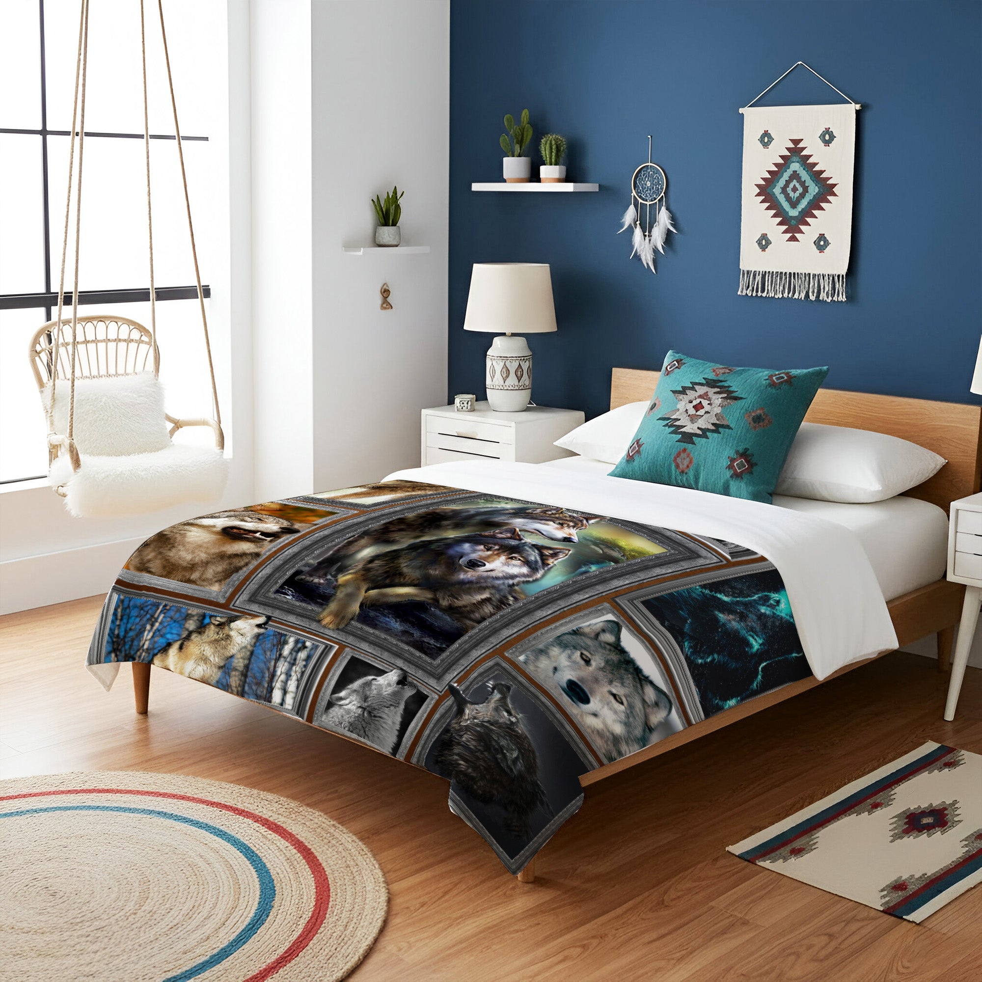 Native Wolf Flock Soft And Warm Fleece Blanket Native Premium American Style