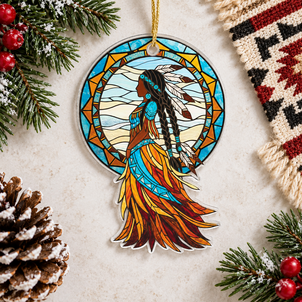 Indigenous Tribal Woman Ornament Native American Unique Gift Decor Flat Acrylic