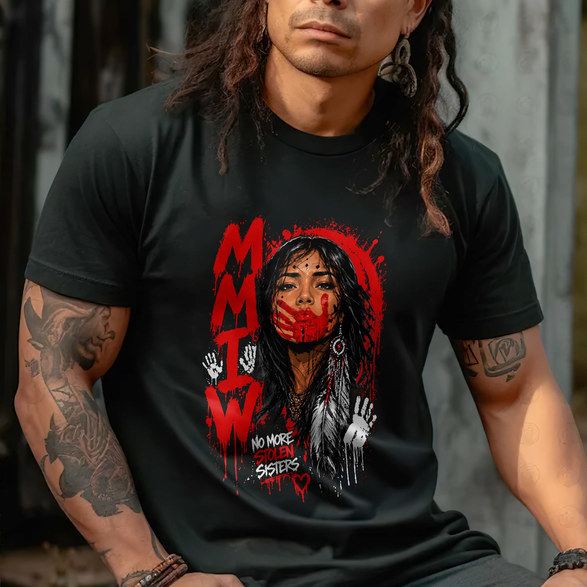 Voice of the Silent - MMIW Native Woman Portrait with Red Handprint Unisex T-shirt/T-shirt V-Neck/Hoodie/Sweatshirt