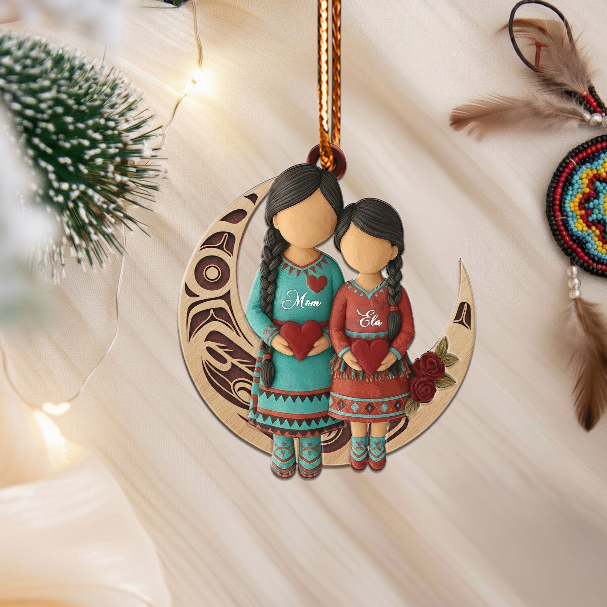Native Mother & Daughter Moon Ornament Unique Christmas Gift Decor Flat Acrylic (Custom Name)