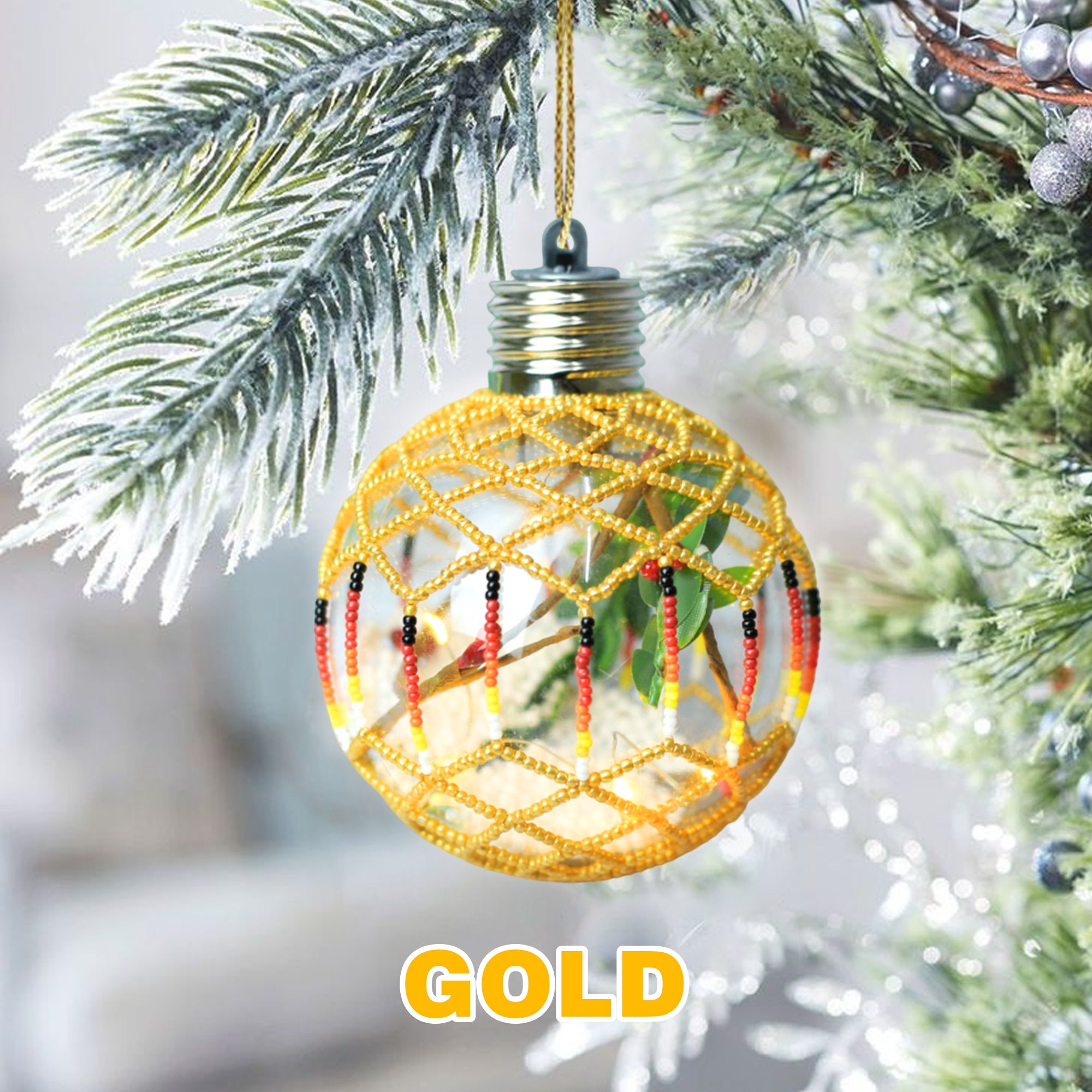 SALE 50% OFF - Gold Sparkly Handmade Beaded Ornament with Luminous Lights Premium