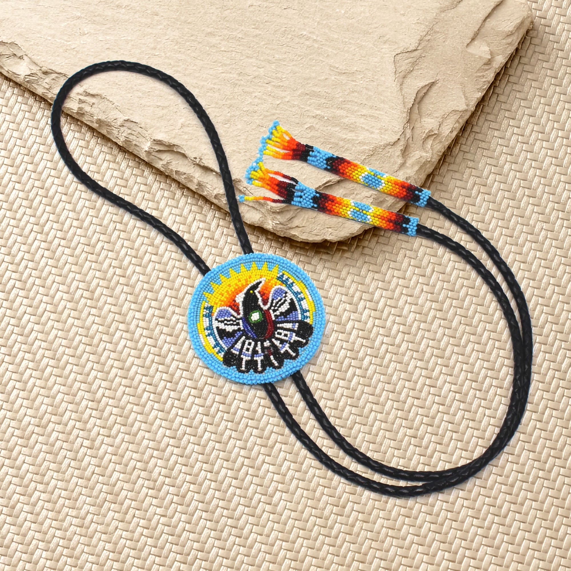SALE 50% OFF - Handmade beaded Cyan Blue Eagle Bolo Tie Black leather Unisex With Native American Style