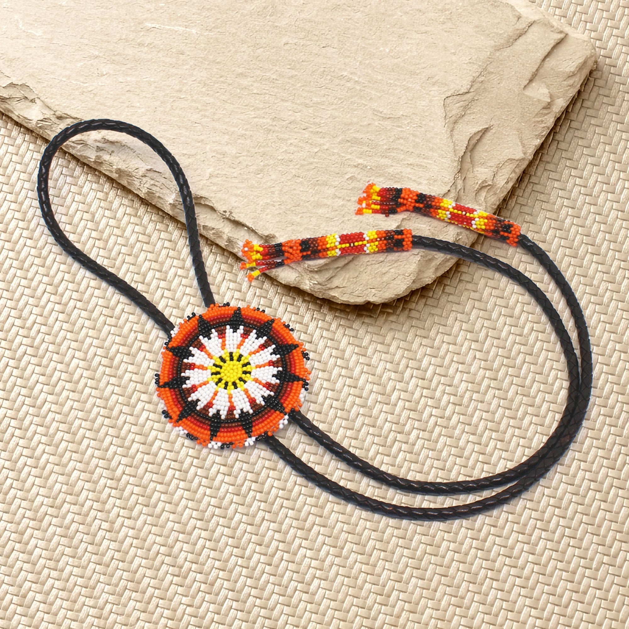 SALE 50% OFF - Handmade Beaded Orange Sunburst Leather Bolo Tie Unisex With Native American Style