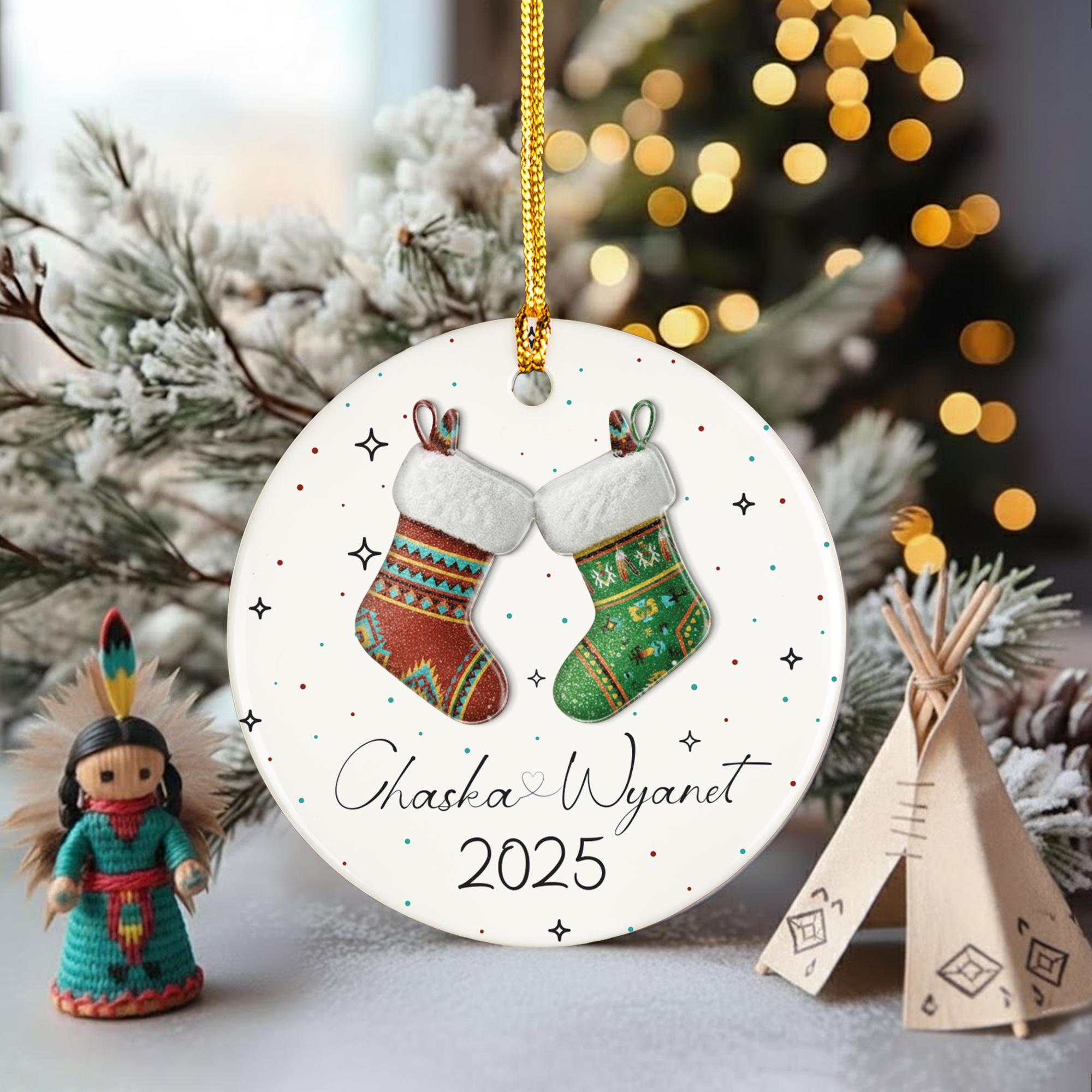 Couples Stocking Ceramic & Acrylic Round Ornament Native-Inspired Holiday Decor (Custom Name)