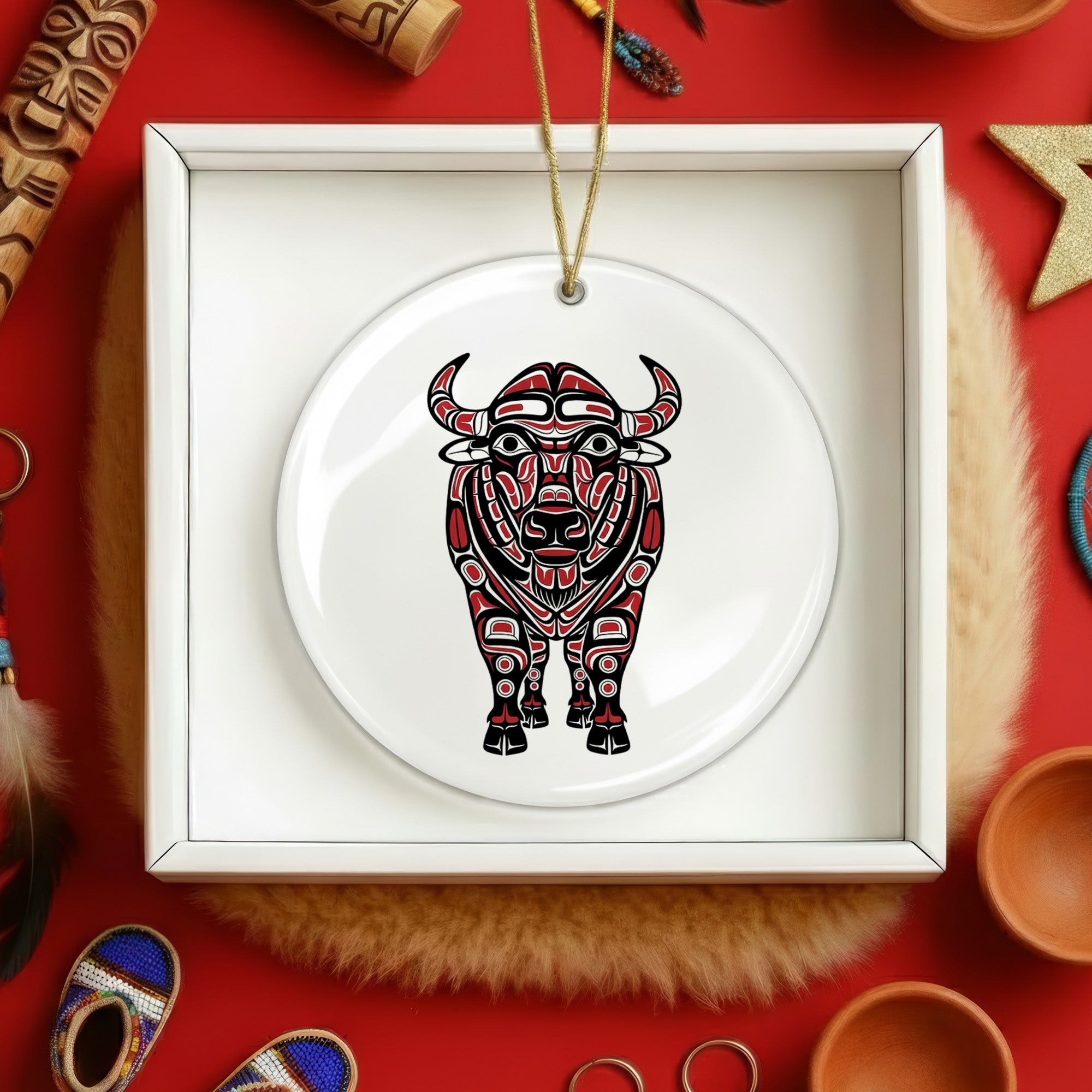 Native Buffalo Spirit Ceramic Ornament – Handcrafted Indigenous Art Decoration