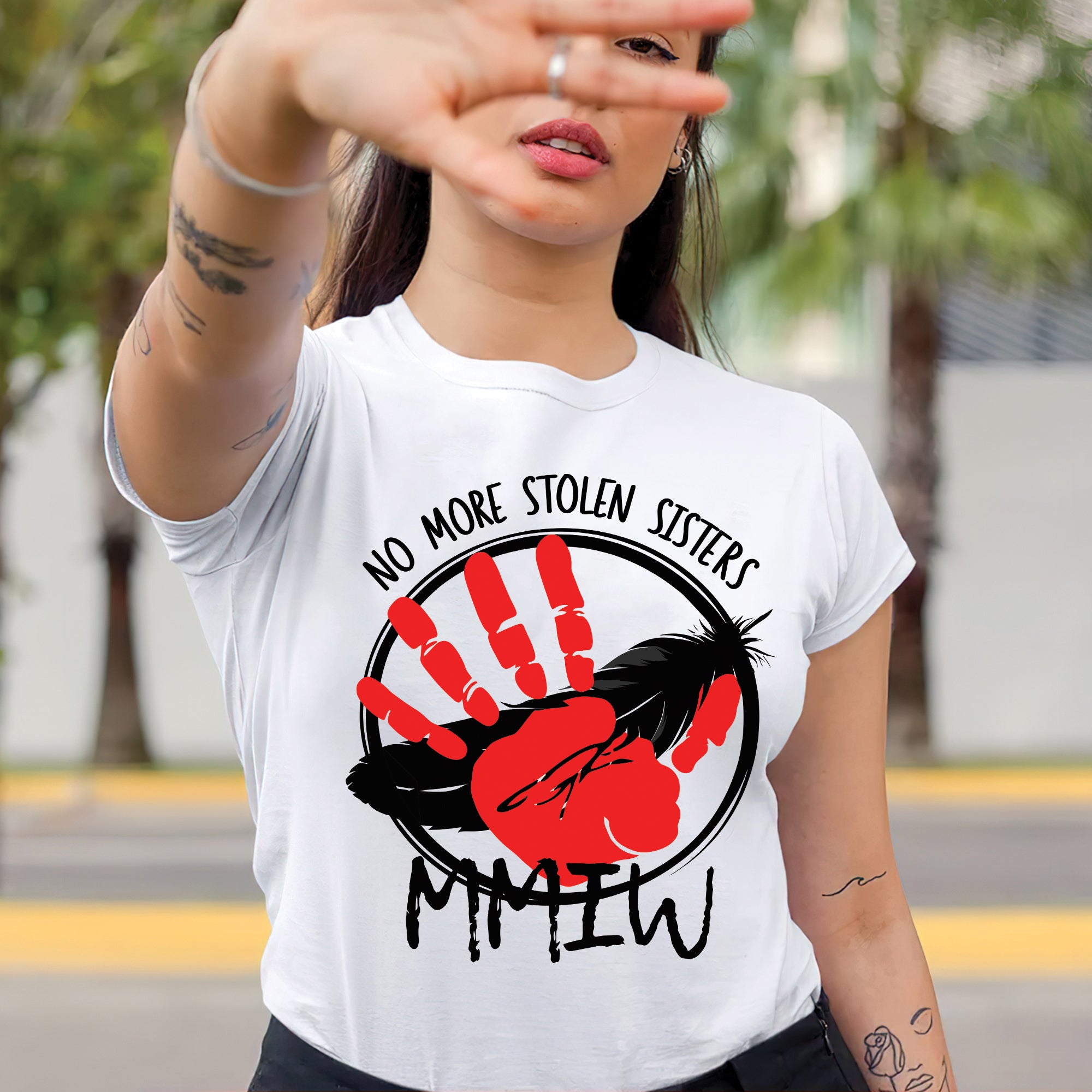 No More Stolen Sisters MMIW Native Women Awareness Unisex T-shirt/T-shirt V-Neck/Hoodie/Sweatshirt - One side