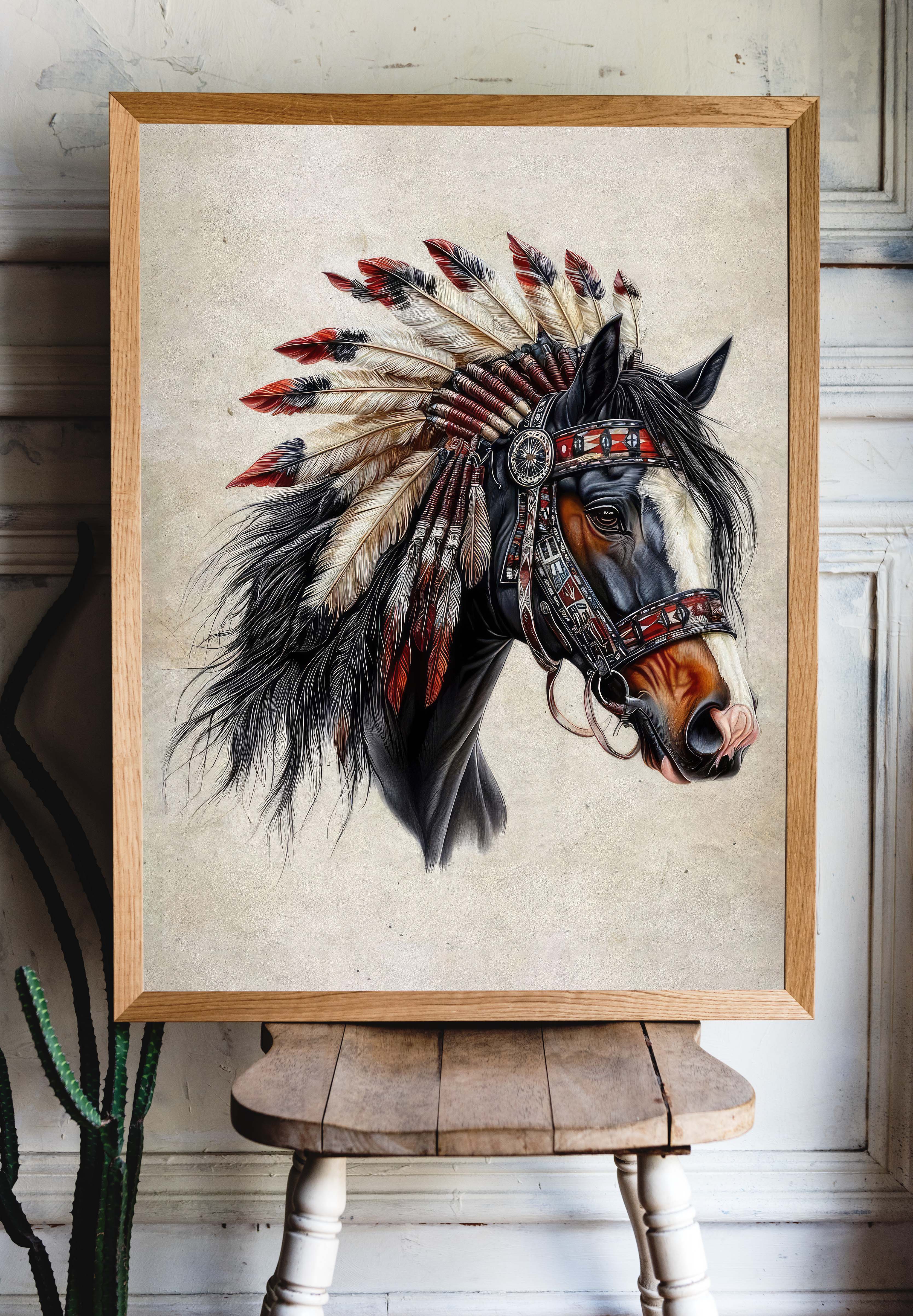 Native Spirit - Horse with Feather Headdress Artwork Poster
