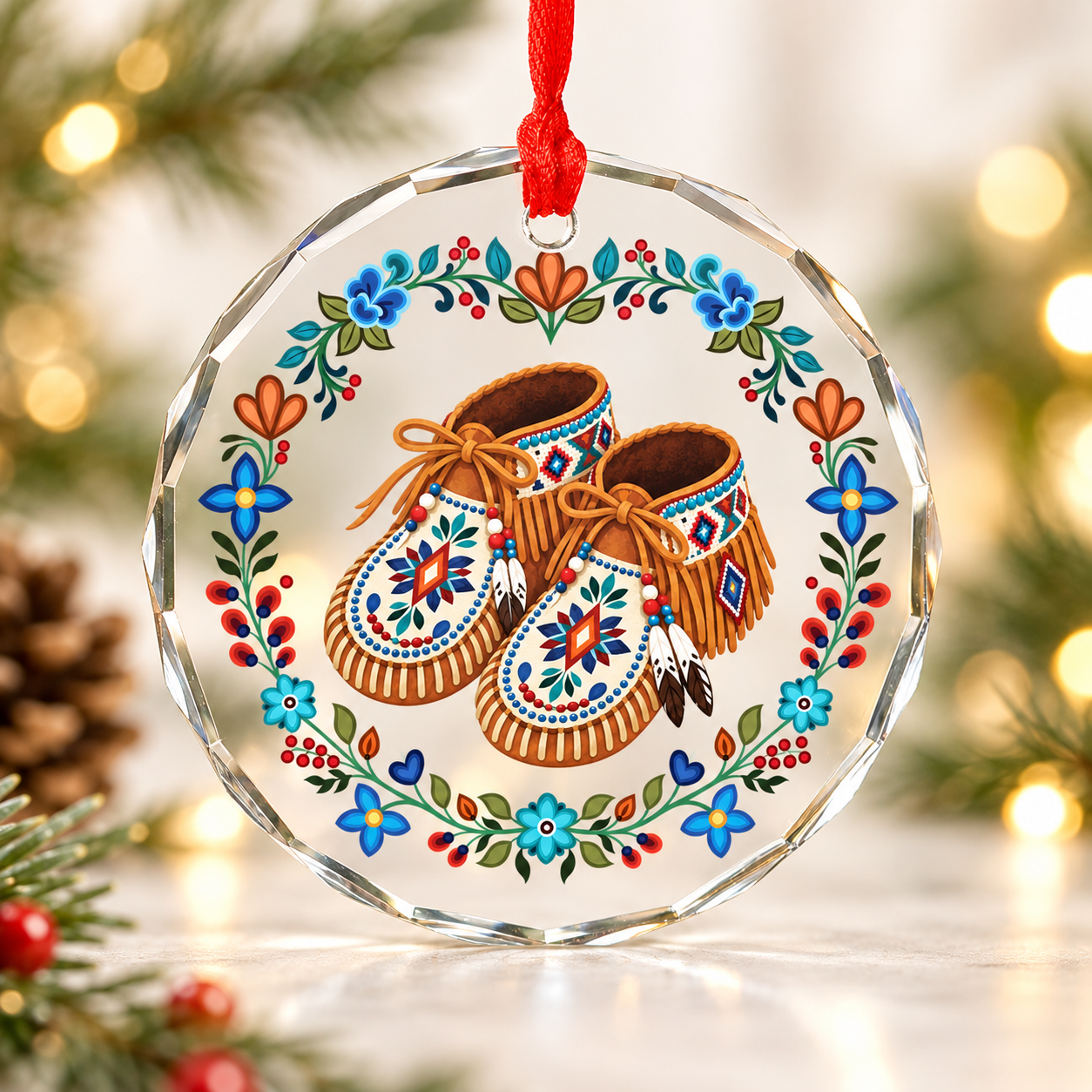Native Floral Moccasins Glass Ornament – Indigenous Art Decor