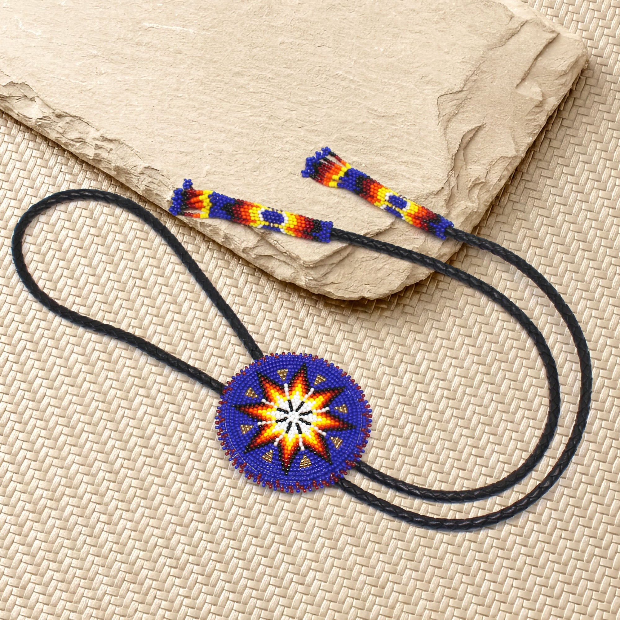 SALE 50% OFF - Handmade beaded Deep Blue Star Leather Bolo Tie Unisex With Native American Style