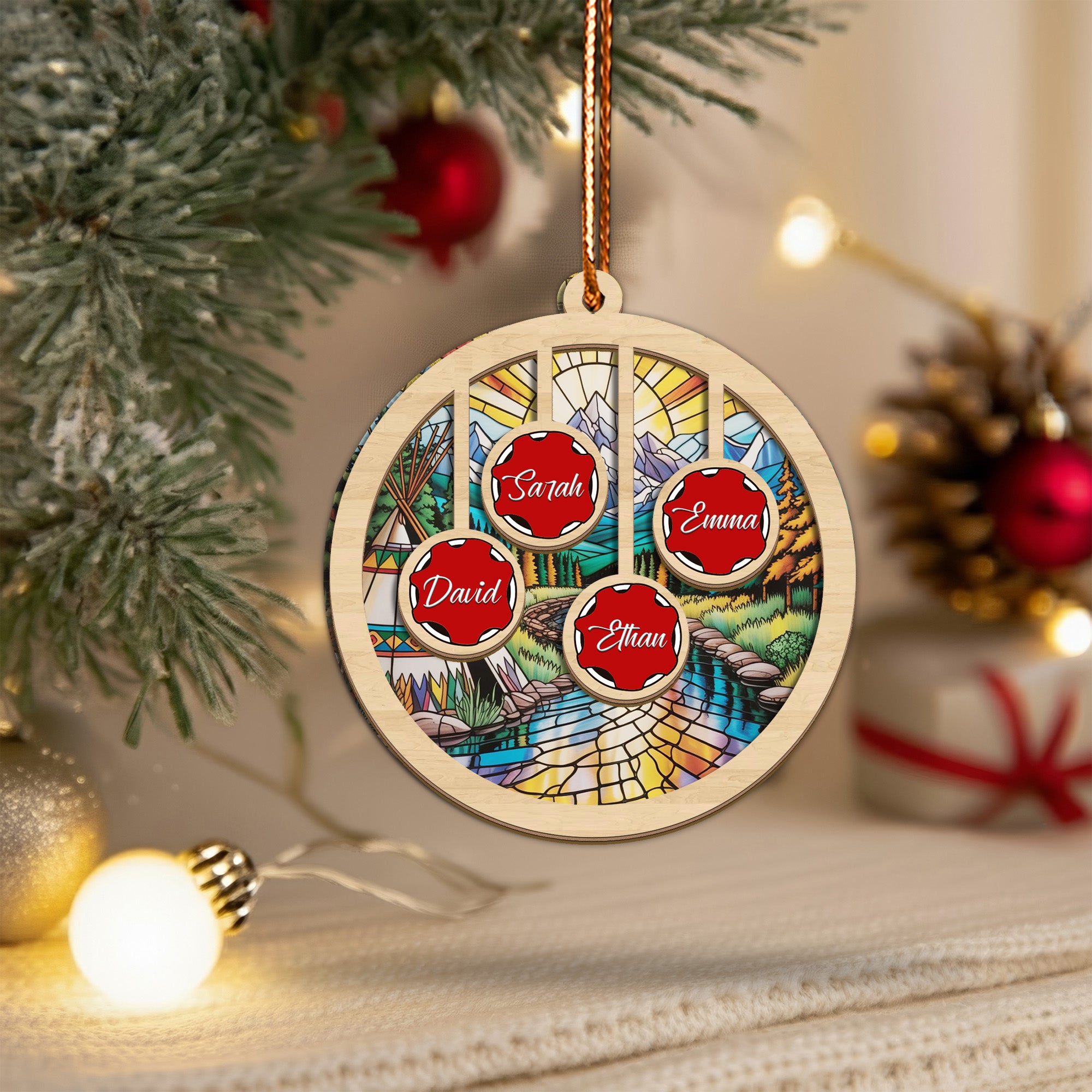 Native Teepee and Nature Family Ornament Unique Christmas Gift Decor Wood and Acrylic (Custom Name)