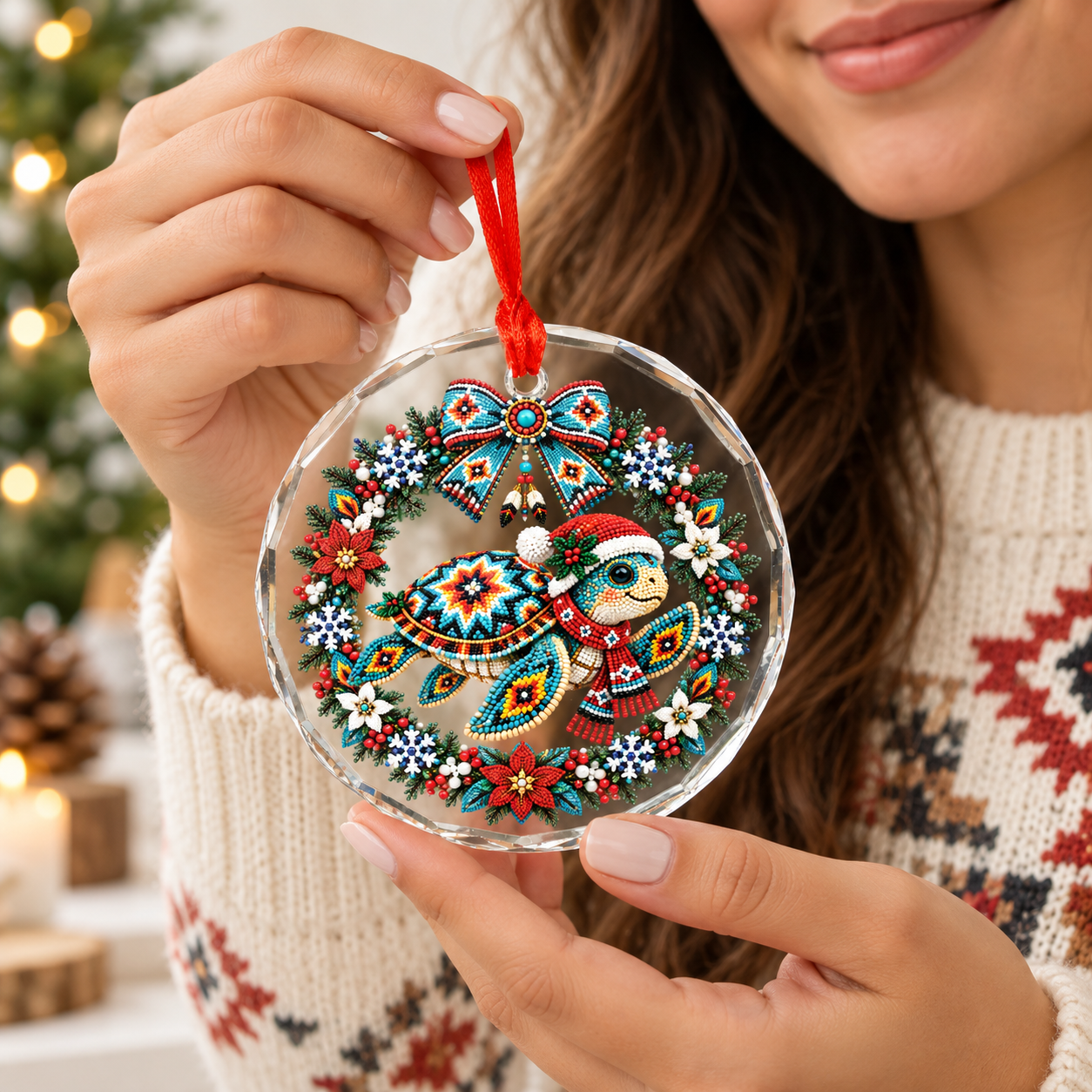Native Beaded Turtle Santa Glass Ornament – Indigenous Art Decor