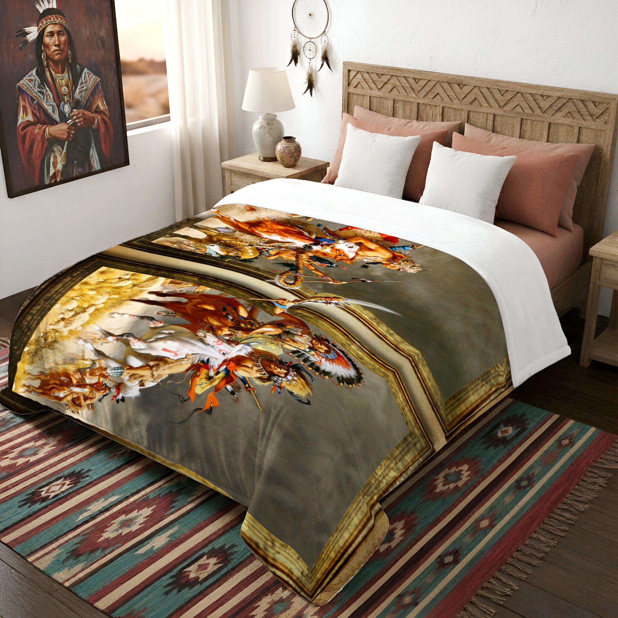 Native American Style Wariors Soft And Warm Premium Fleece Blanket