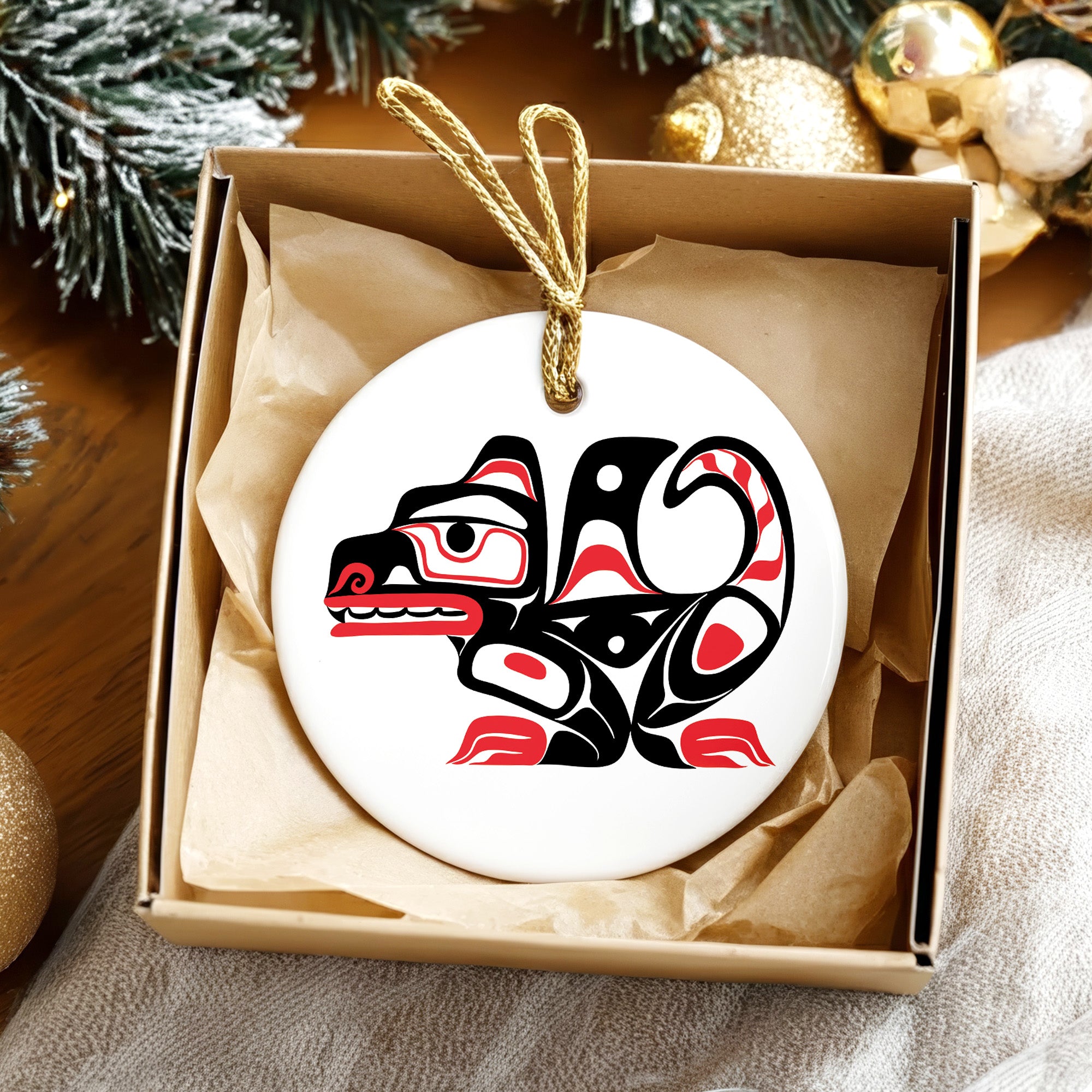 Native Wolf Spirit Ceramic Ornament – Handcrafted Indigenous Art Decoration