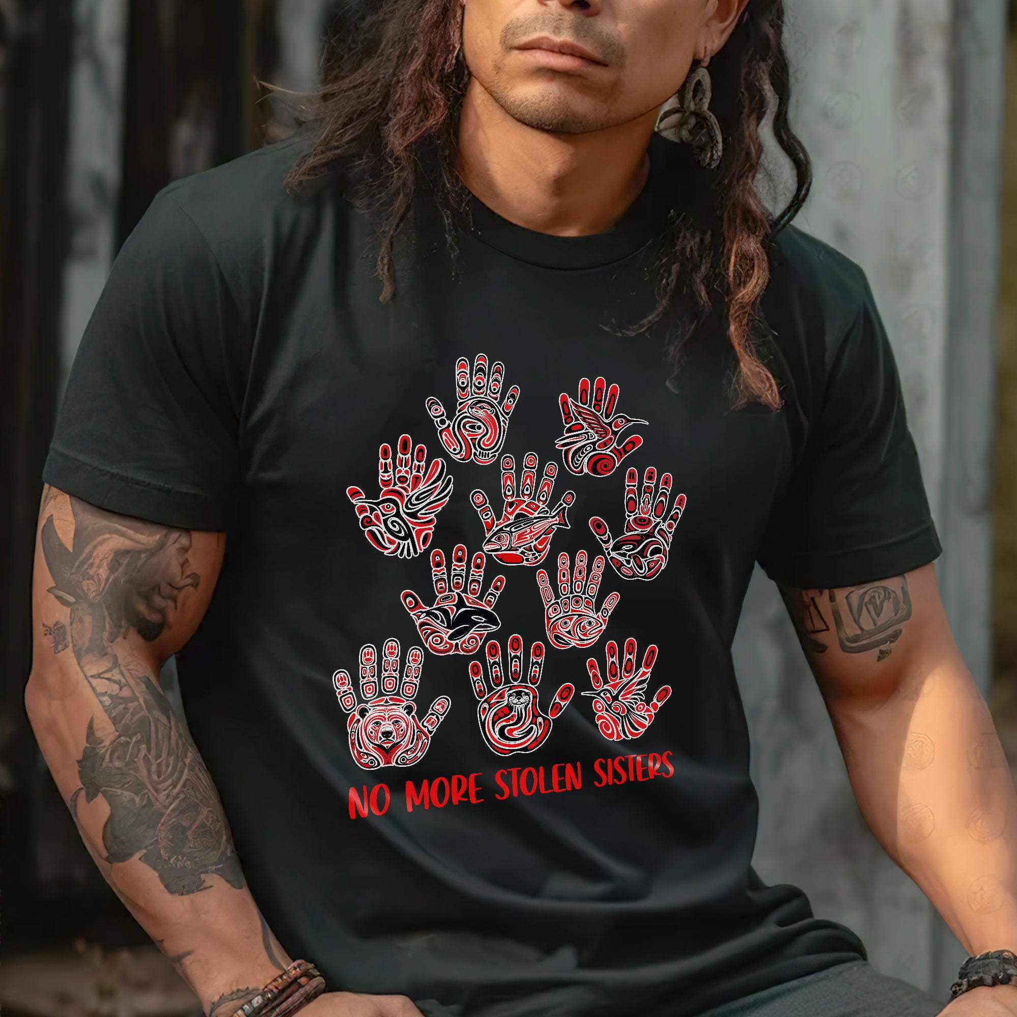No More Stolen Sisters - MMIW Awareness with Tribal Hand and Animal Design Unisex T-shirt/T-shirt V-Neck/Hoodie/Sweatshirt