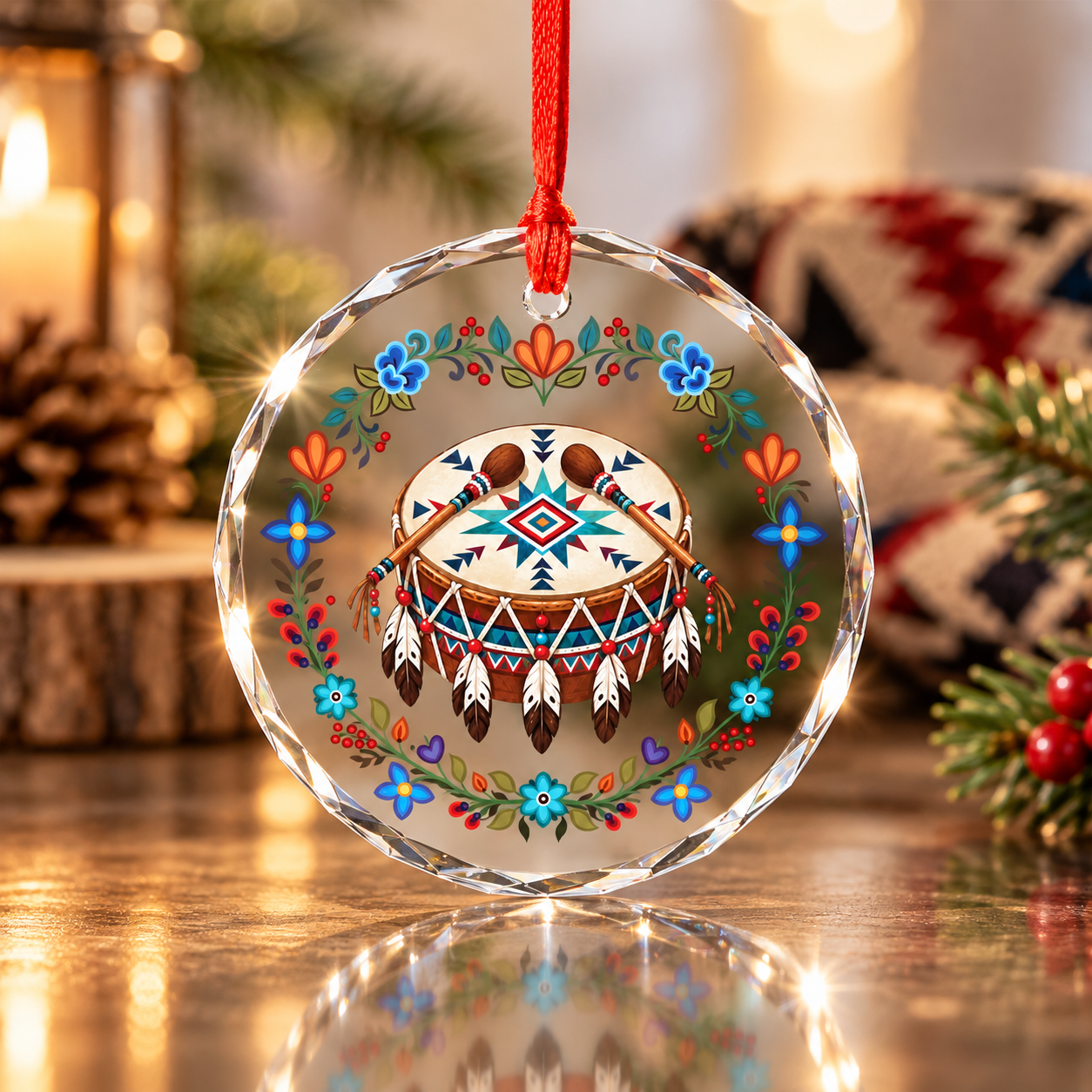 Native Floral Tribal Powwow Drum Glass Ornament – Indigenous Art Decor