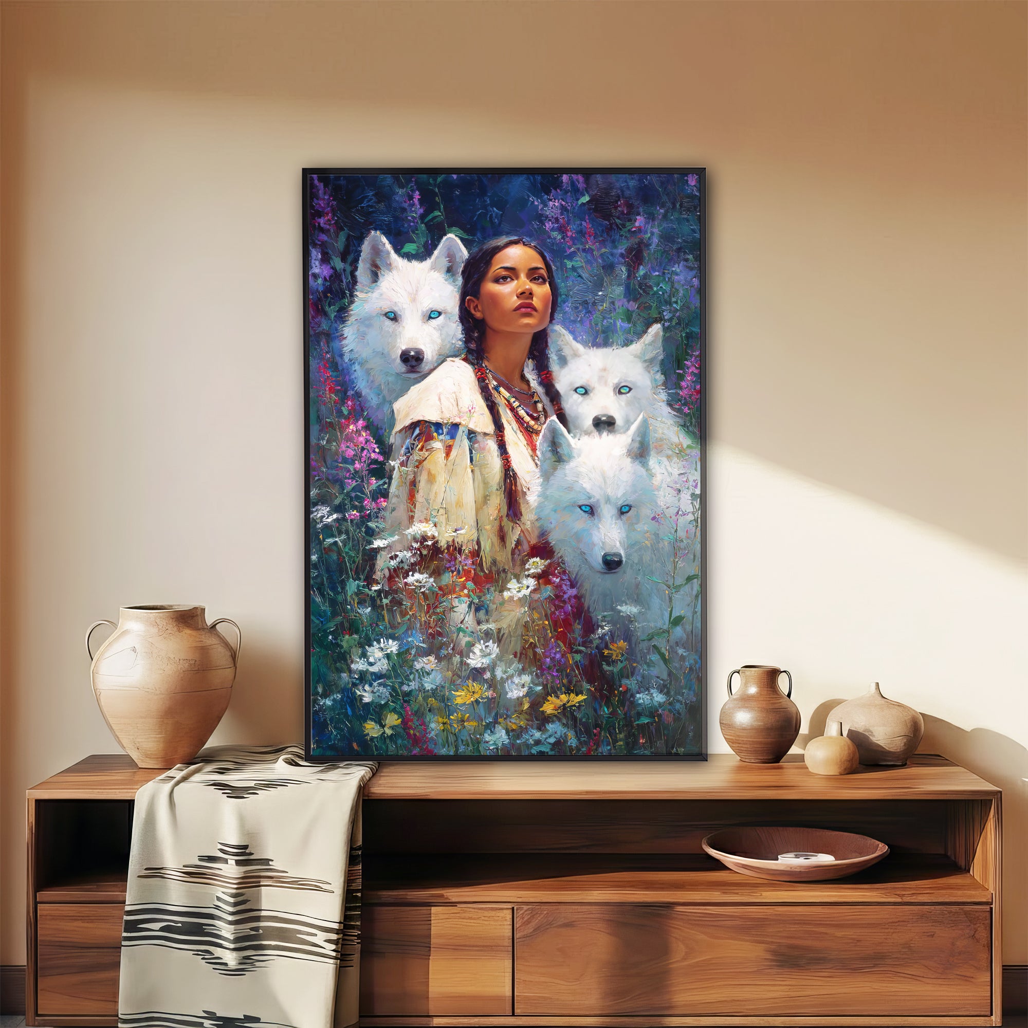 Spirit Of The White Wolves – Native American Woman & Sacred Wolf Guardians Art Poster/Canvas