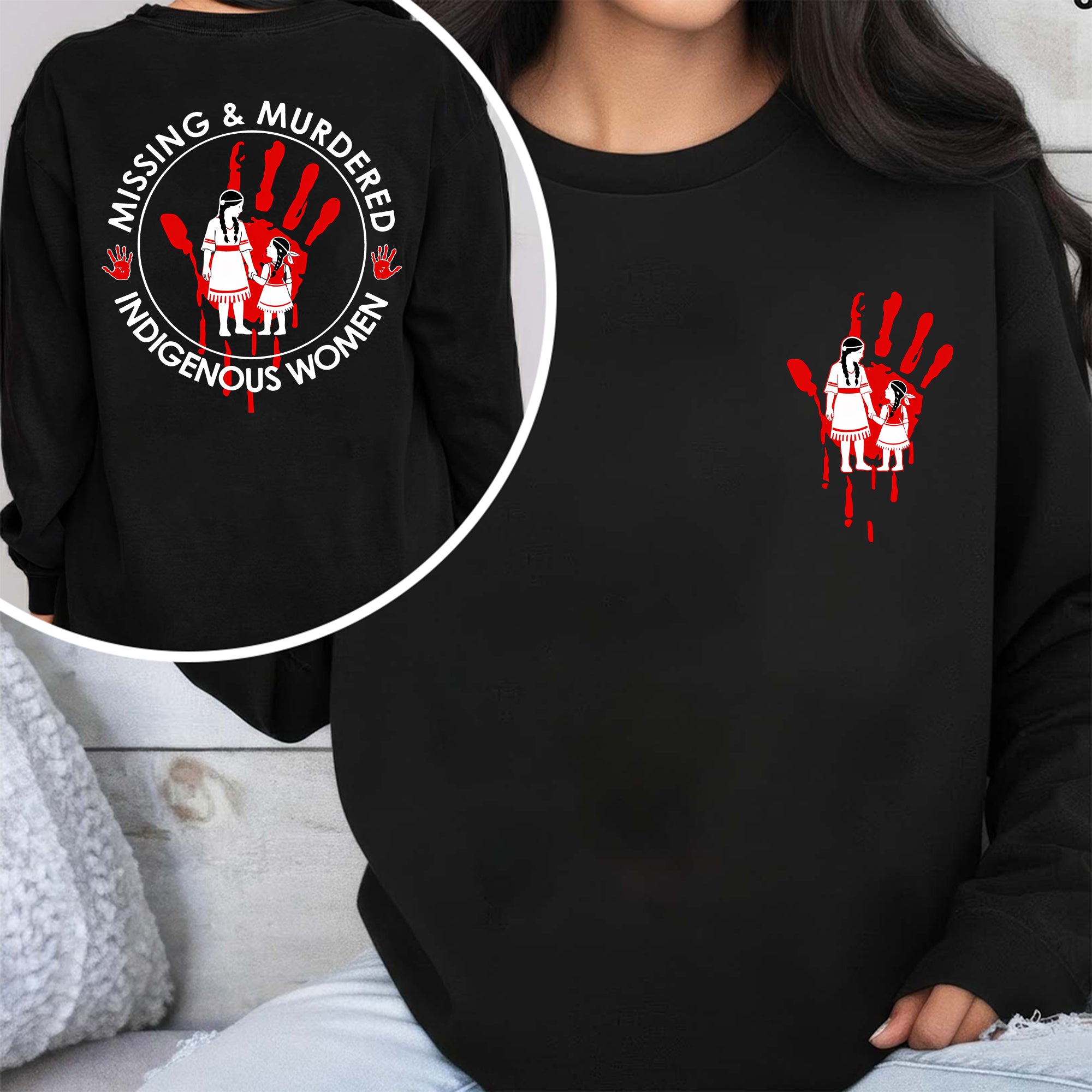 [Two Sides] MMIW Red Handprint – Native American Mother-Daughter Design Unisex Tank Top/Long Sleeve/Hoodie Zip