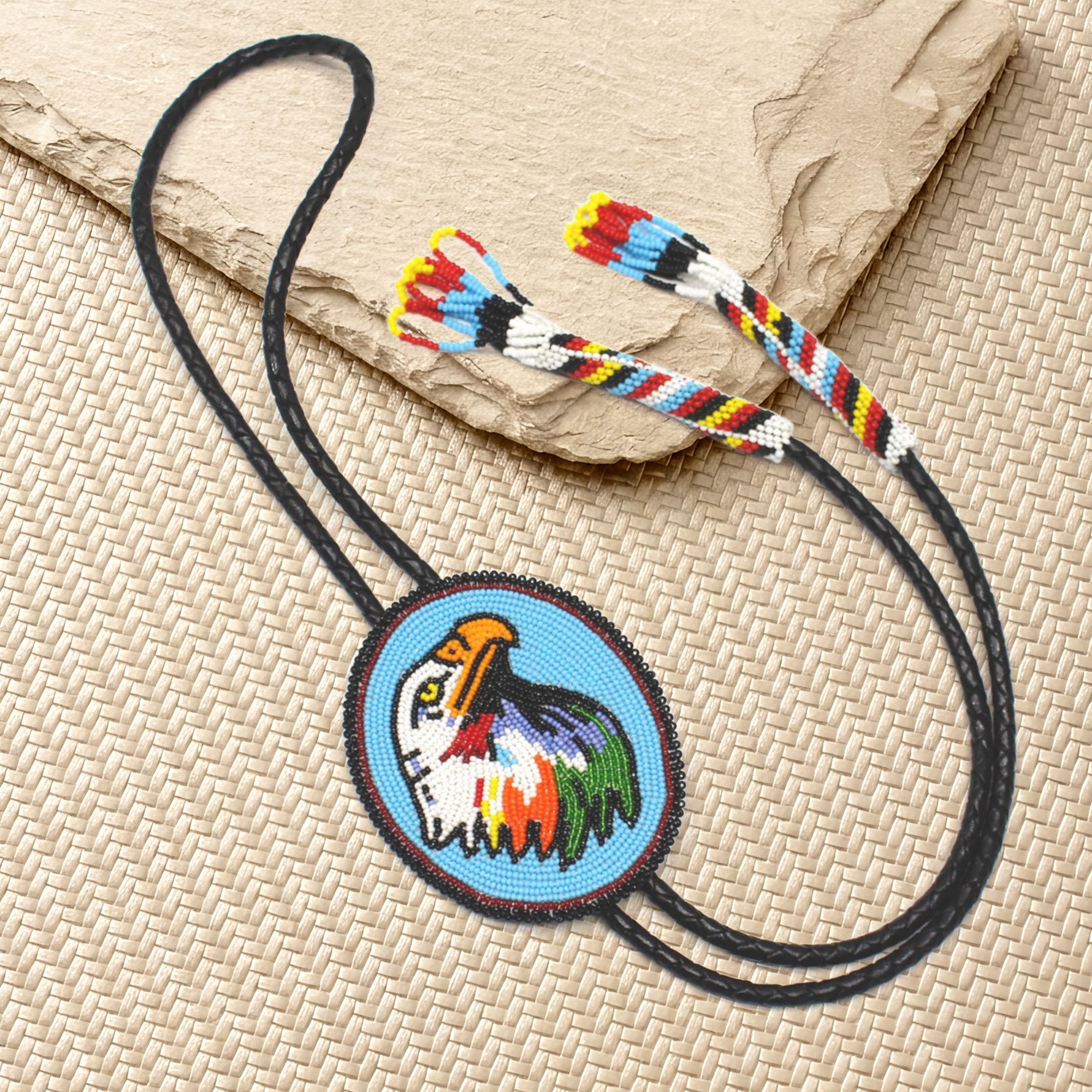 SALE 50% OFF - Handmade beaded Cyan Blue Eagle Black Leather Bolo Tie Unisex With Native American Style