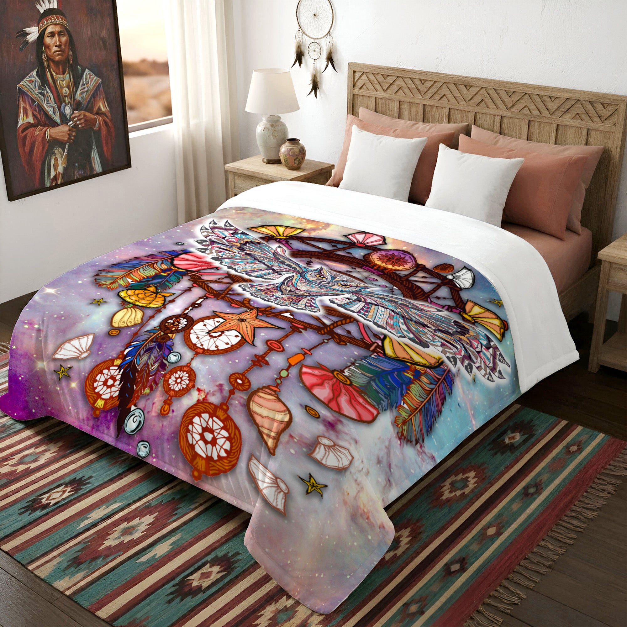Native Owl Dreamcatcher Soft And Warm Fleece Blanket Native Premium American Style