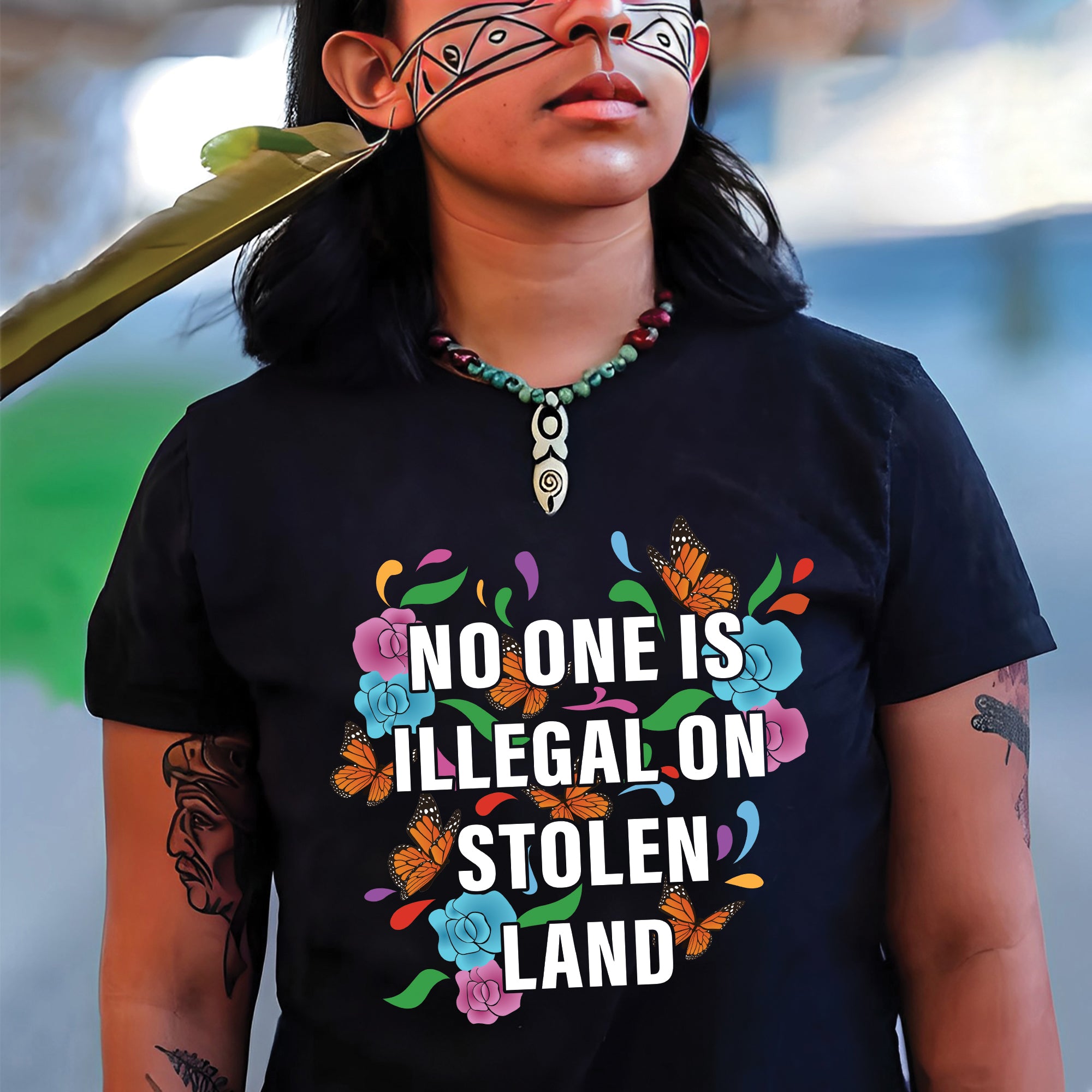 No One Is Illegal On Stolen Land Colorful Butterfly and Floral Design Unisex T-shirt/V-neck T-shirt/Hoodie/Sweatshirt