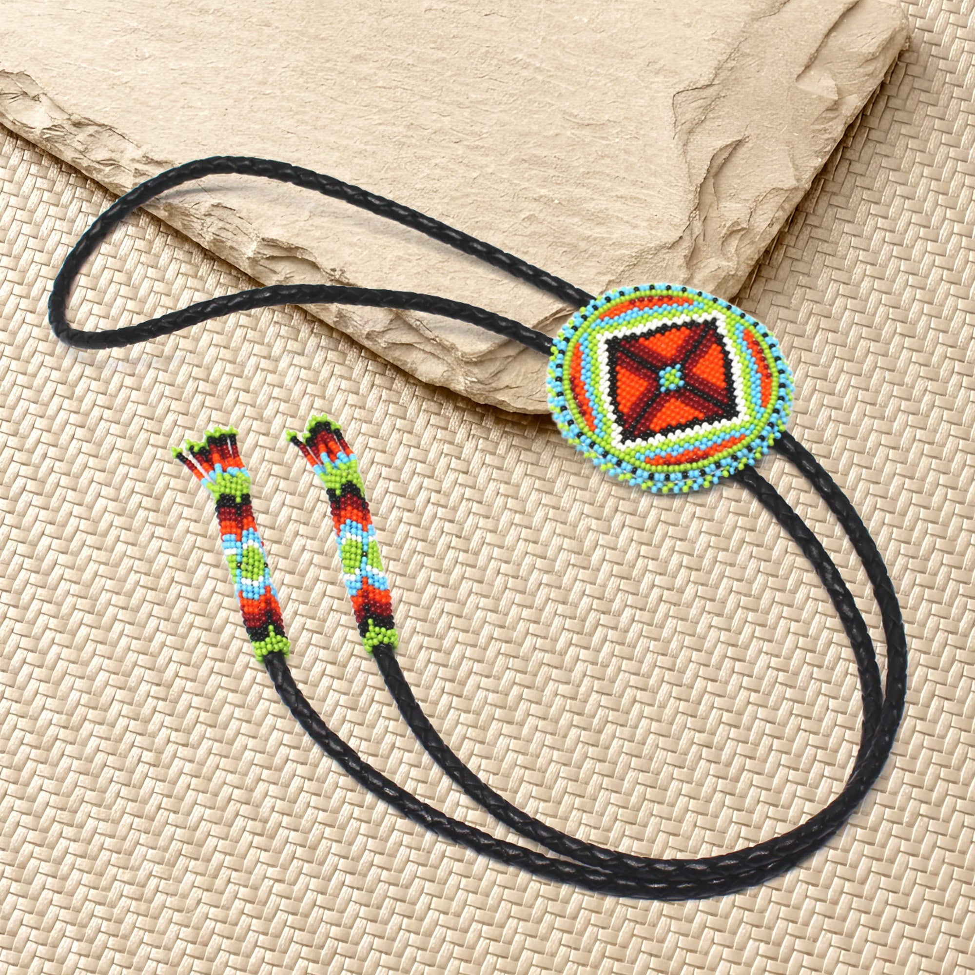 SALE 50% OFF - Handmade beaded Green Orange Aztec Bolo Tie black leather Unisex With Native American Style
