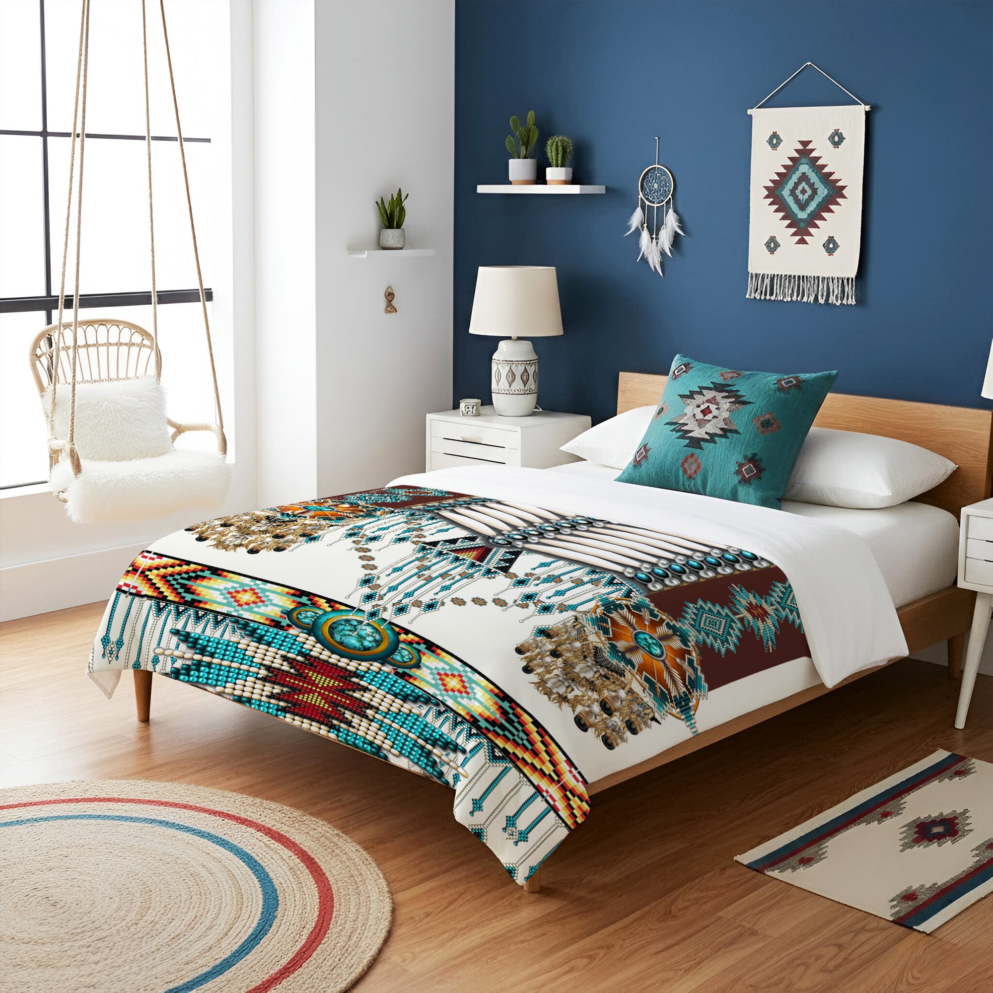 Turiquoise Native Indian Pattern Feather Soft and Warm Premium Fleece Blanket