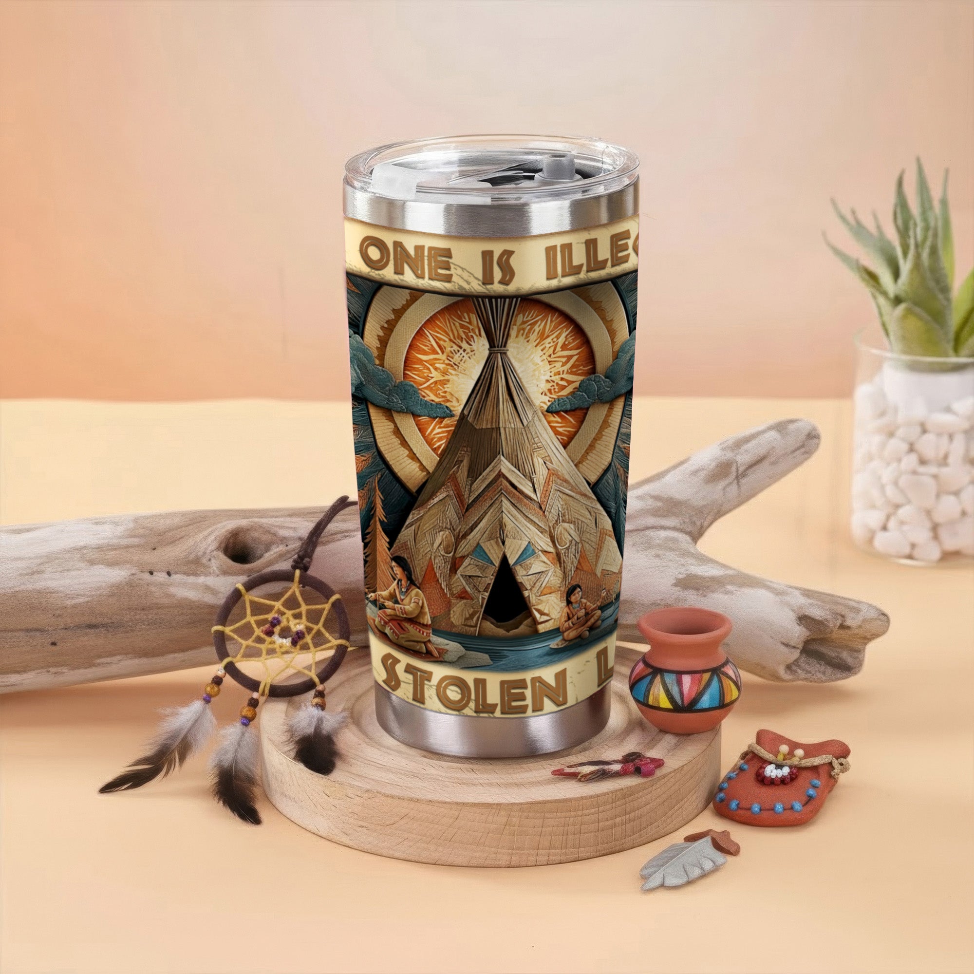 No One Is Illegal on Stolen Land Native American Teepee Tumbler Stainless Steel Drinking Cup
