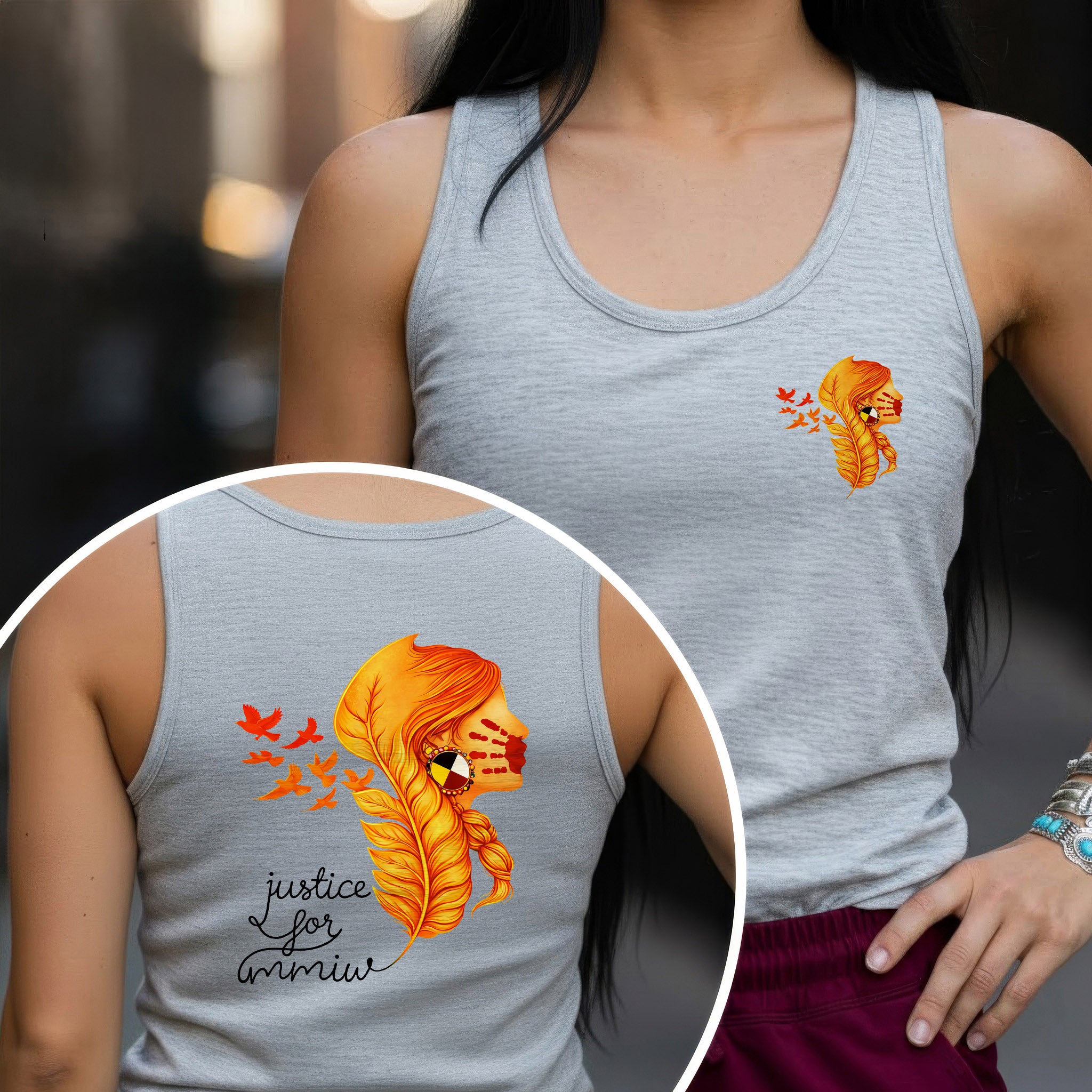 [Two Sides] Justice for MMIW Hoodie - Indigenous Woman with Feather Design Unisex Tank Top/Long Sleeve/Hoodie Zip