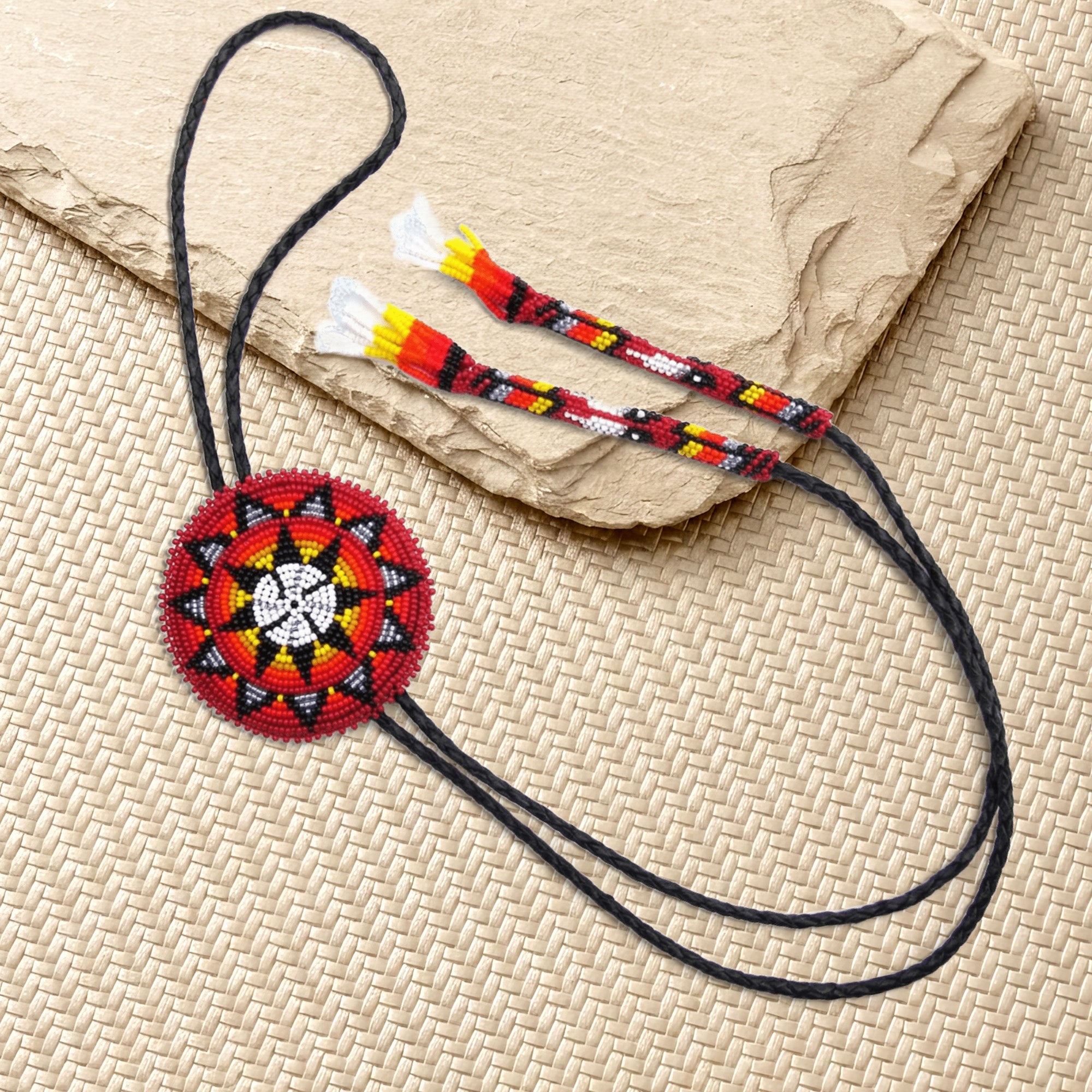 SALE 50% OFF - Handmade Beaded Red Star Bolo Tie with Black Leather Unisex With Native American Style