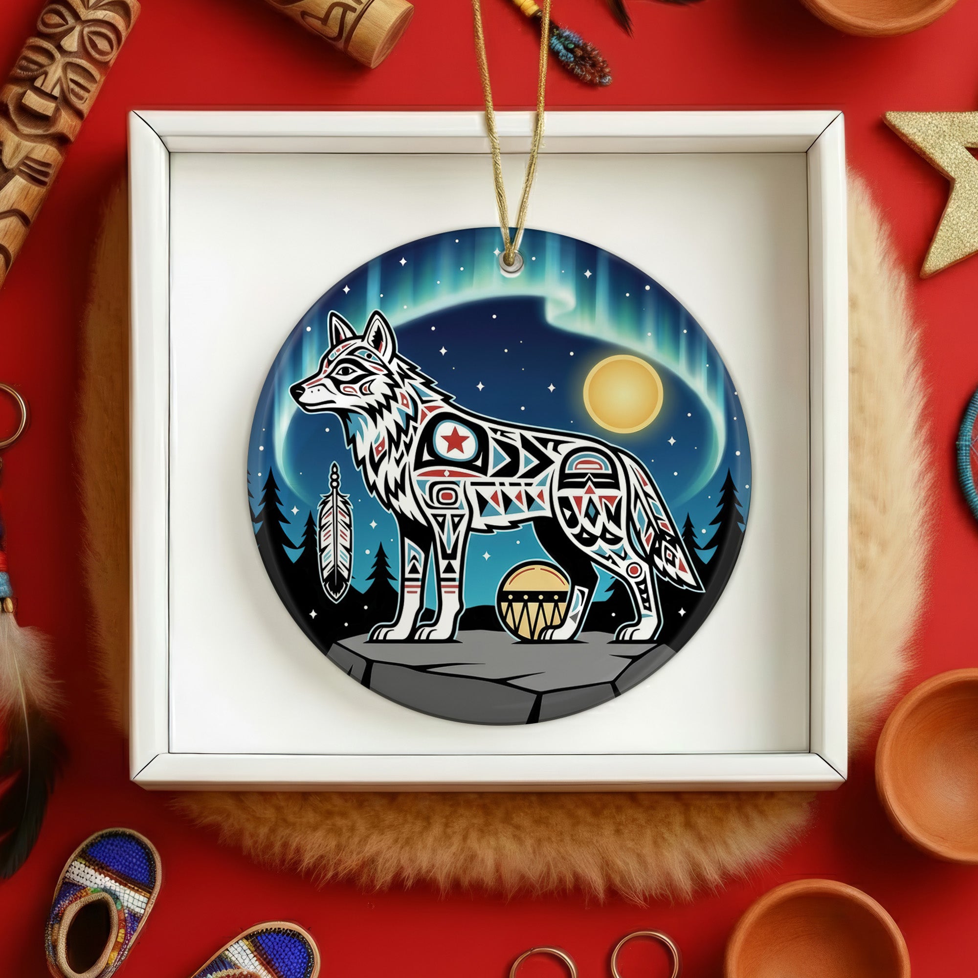Northern Spirit Wolf Ceramic Ornament – Indigenous Art Decor