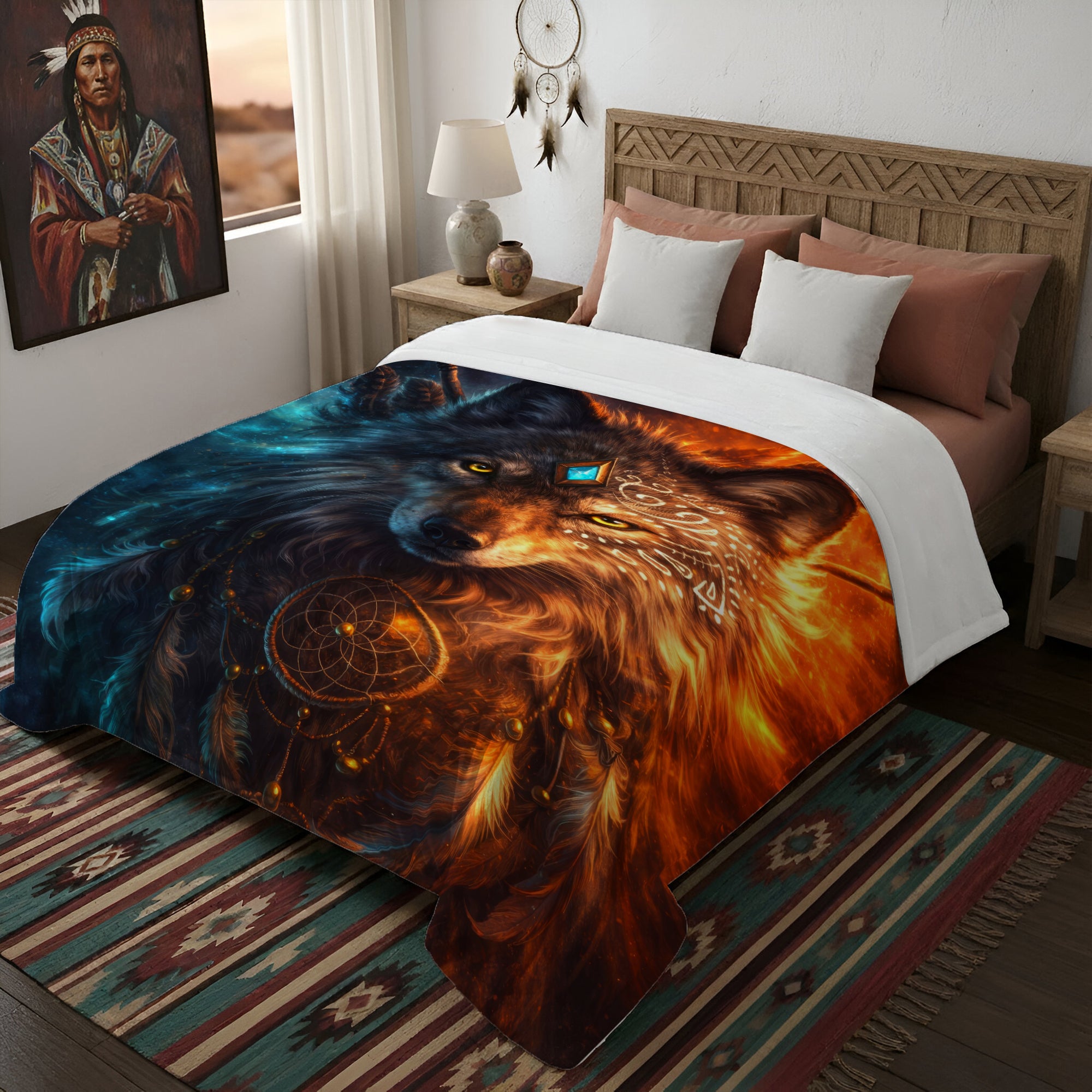 Wolf Totem Fire & Ice Dreamcatcher Native Spirit Wolf Sacred Art Fleece Blanket