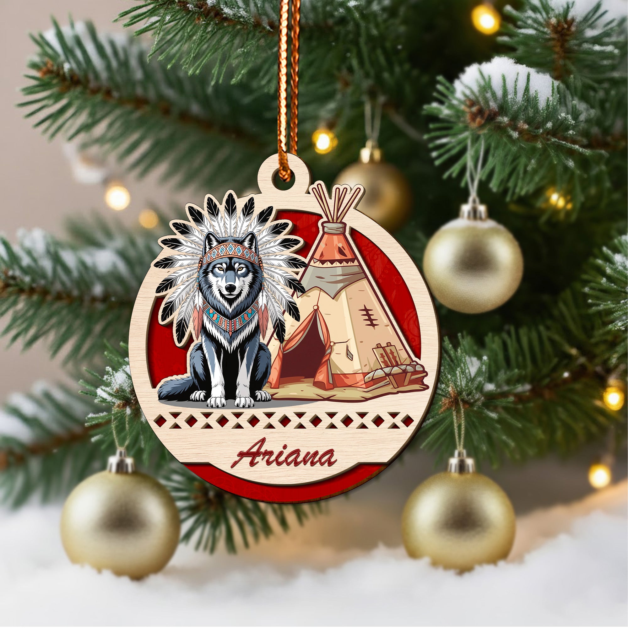 Wolf and Teepee Family Ornament Unique Christmas Gift Decor Two Layered Wood (Custom Name)