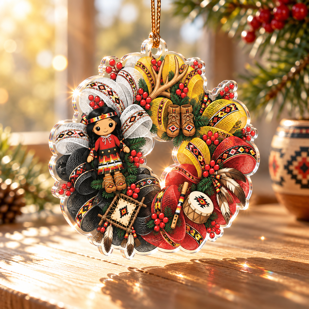 Indigenous Girl Tribal Wreath Acrylic Ornament - Unique Gift Decor Flat Acrylic