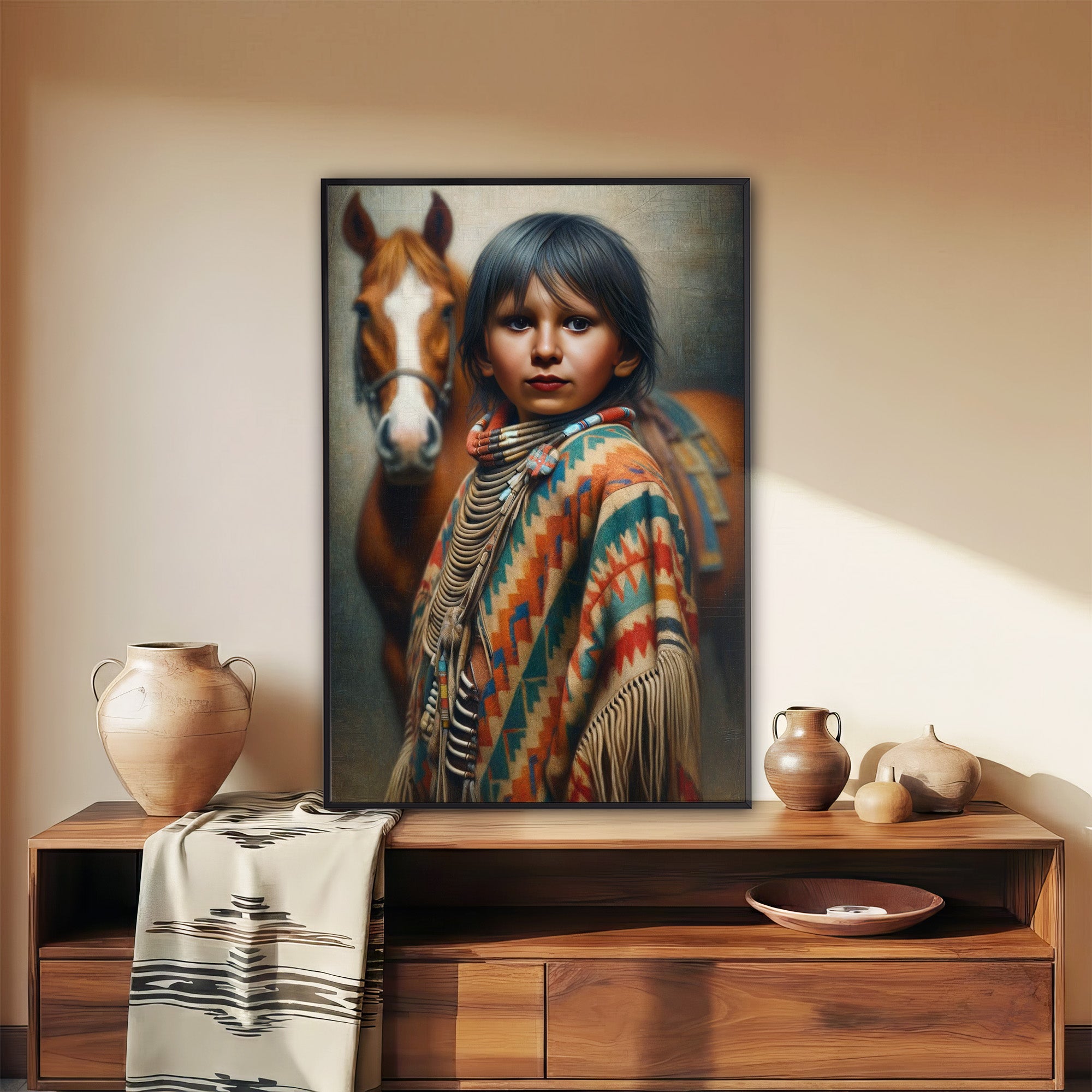 Custom Native American Child and The Horse Portrait Photo Canvas Art Gift Home Decor
