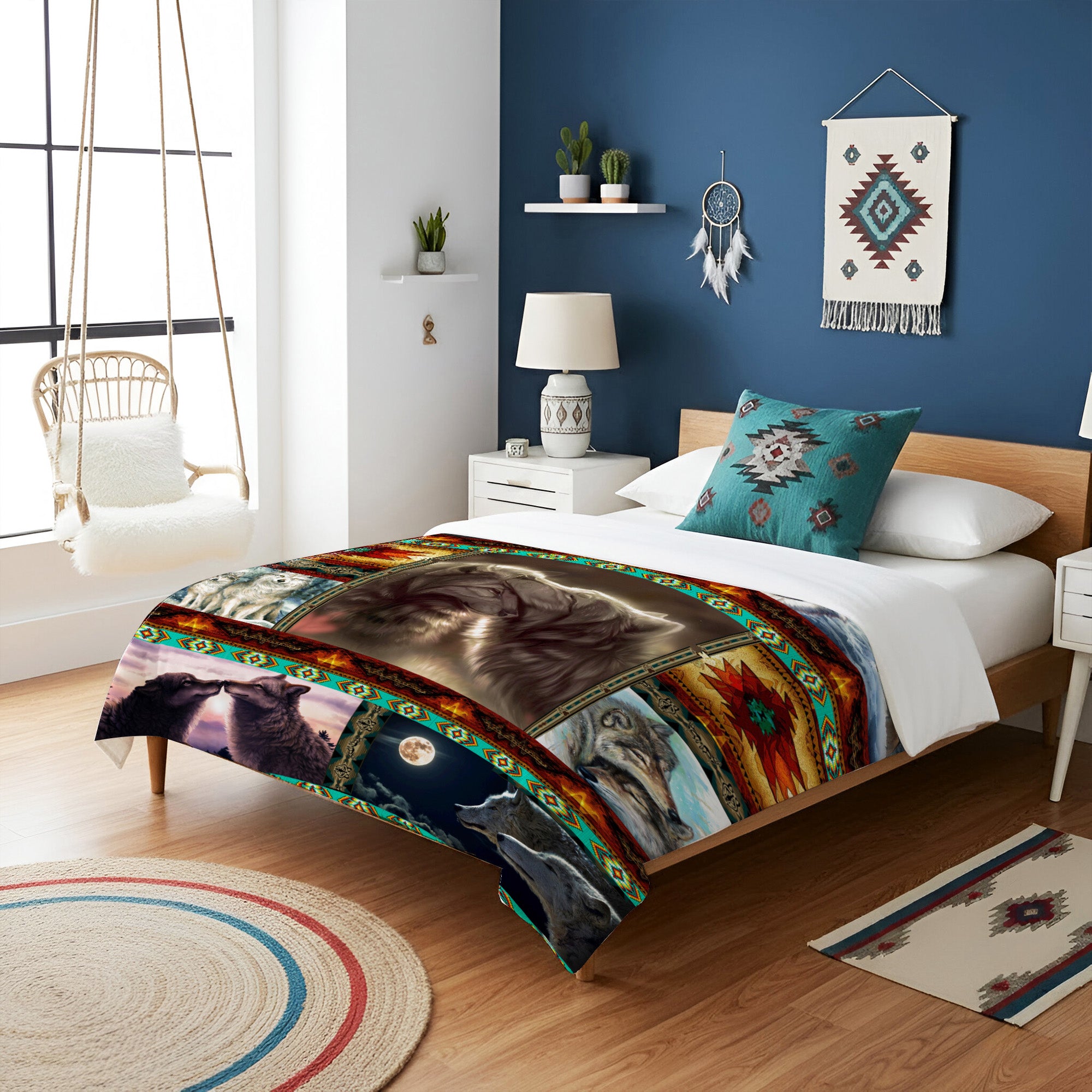 Native American Wolf Flock Fleece Blanket Soft and Warm Premium Fleece Blanket