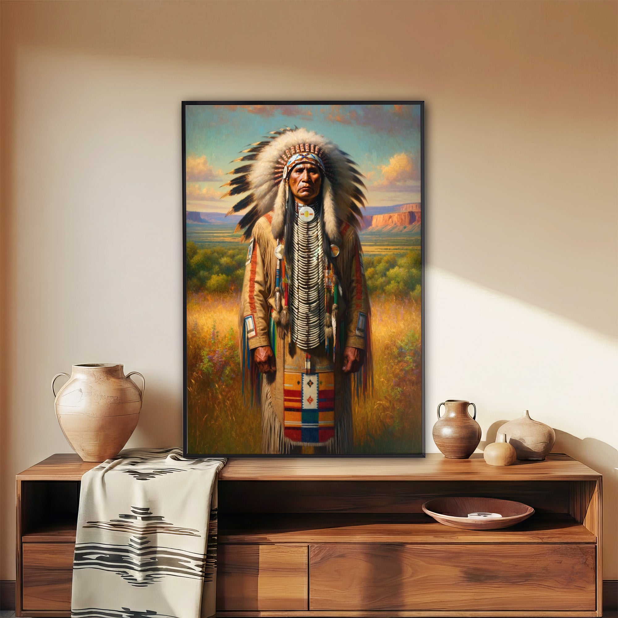 Custom Native American Chief Standing Portrait Photo Canvas Art Gift Home Decor