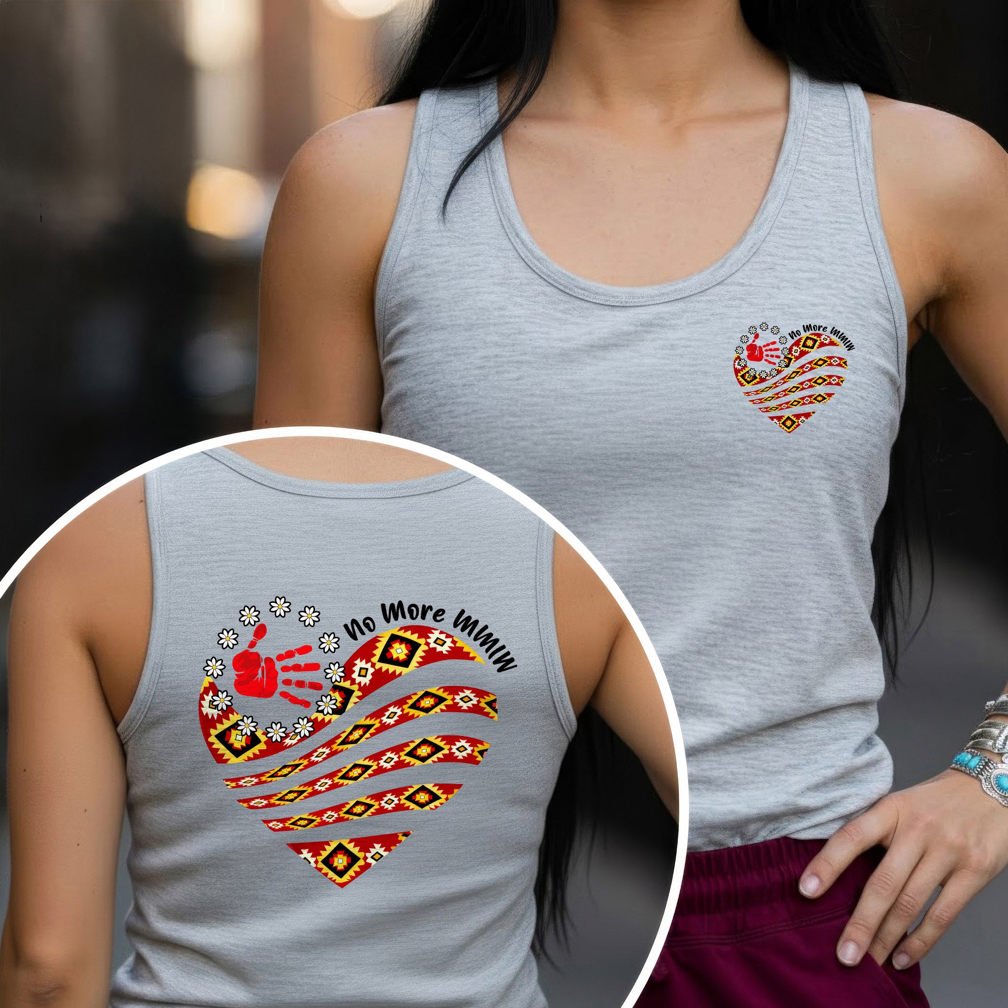 [Two Sides] No More MMIW Tank Top - Native American Heart and Red Hand Unisex Tank Top/Long Sleeve/Hoodie Zip