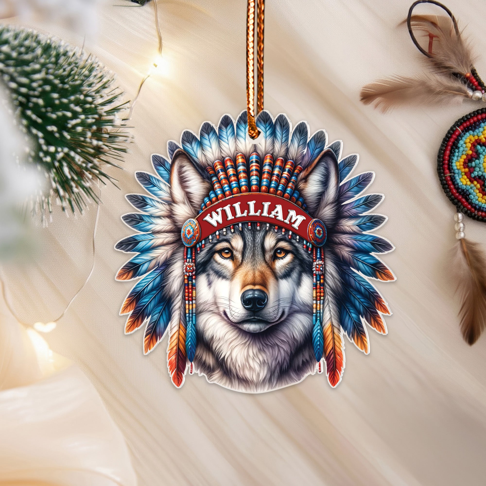 Wolf Spirit Feather Ornament Native American Unique Christmas Gift Decor Flat Acrylic (Custom Name)