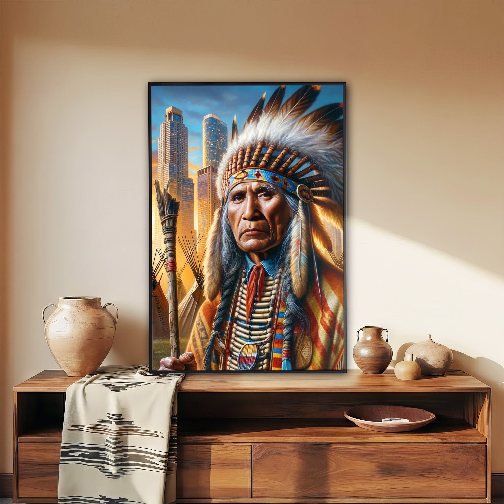 Custom Native American Chief Portrait Photo Canvas Art Gift Home Decor