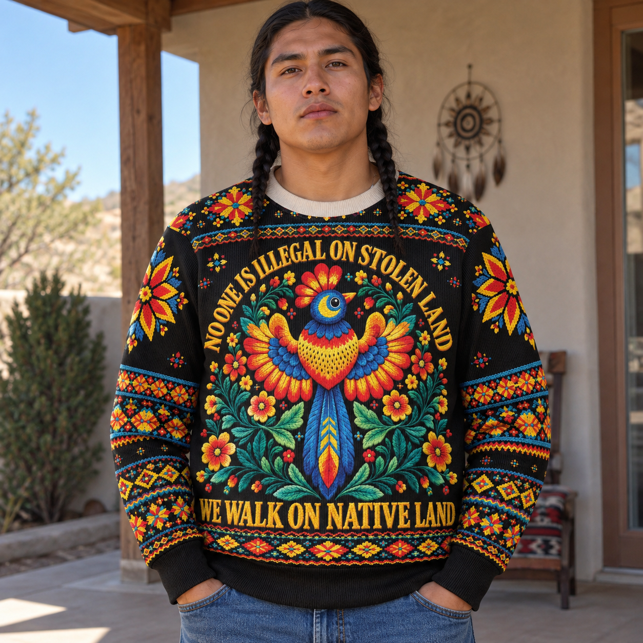 No One Is Illegal On Stolen Land Ugly Sweatshirt Style 2 - Native American Ugly Sweatshirt Unisex