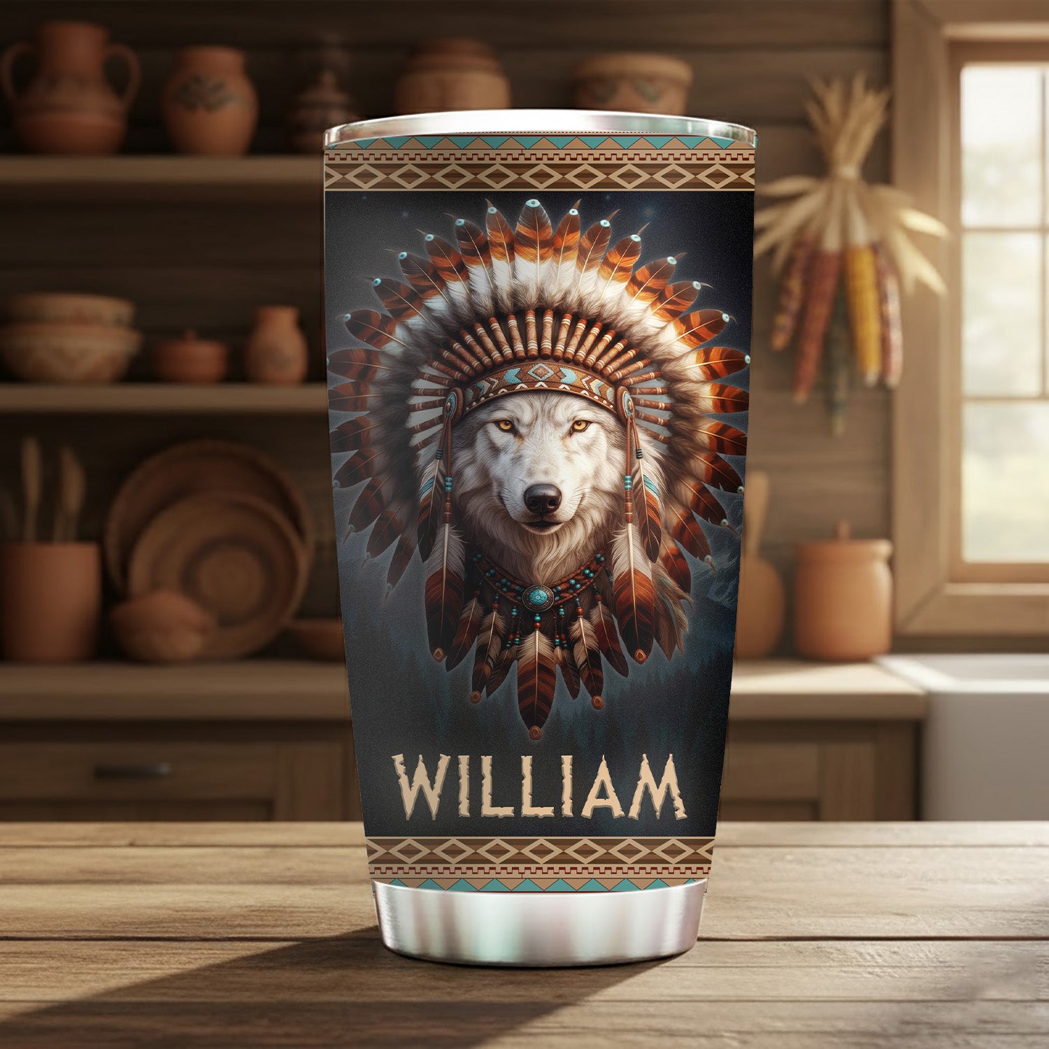 Warrior Wolf Tumbler Stainless Steel Drinking Cup (Custom Name)