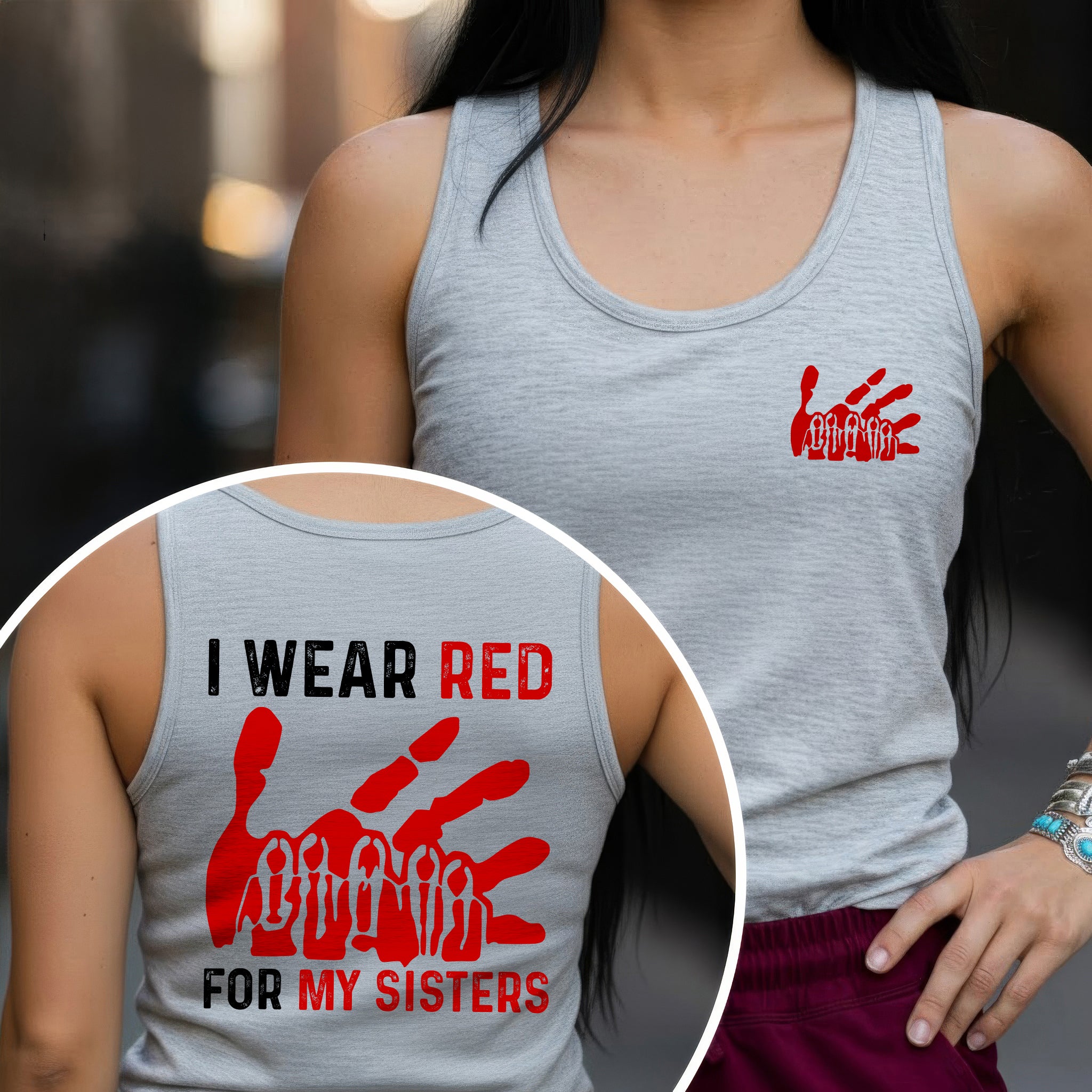 [Two Sides] I Wear Red for My Sisters MMIW Awareness Unisex Tank Top/Long Sleeve/Hoodie Zip