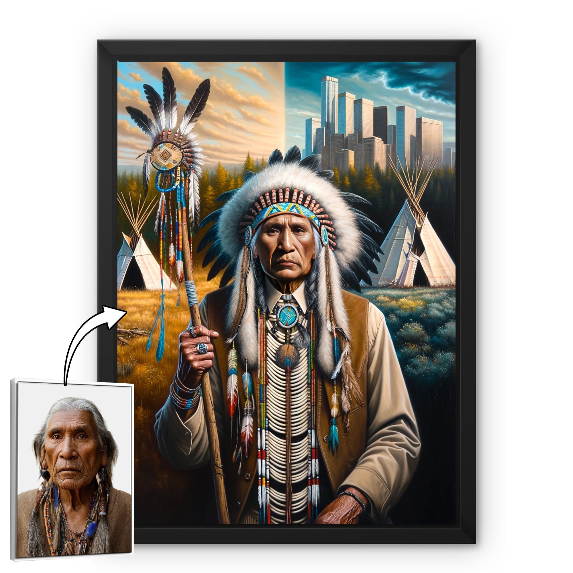 Custom Native American Chief And Scepter Standing Portrait Photo Canvas Art Gift Home Decor