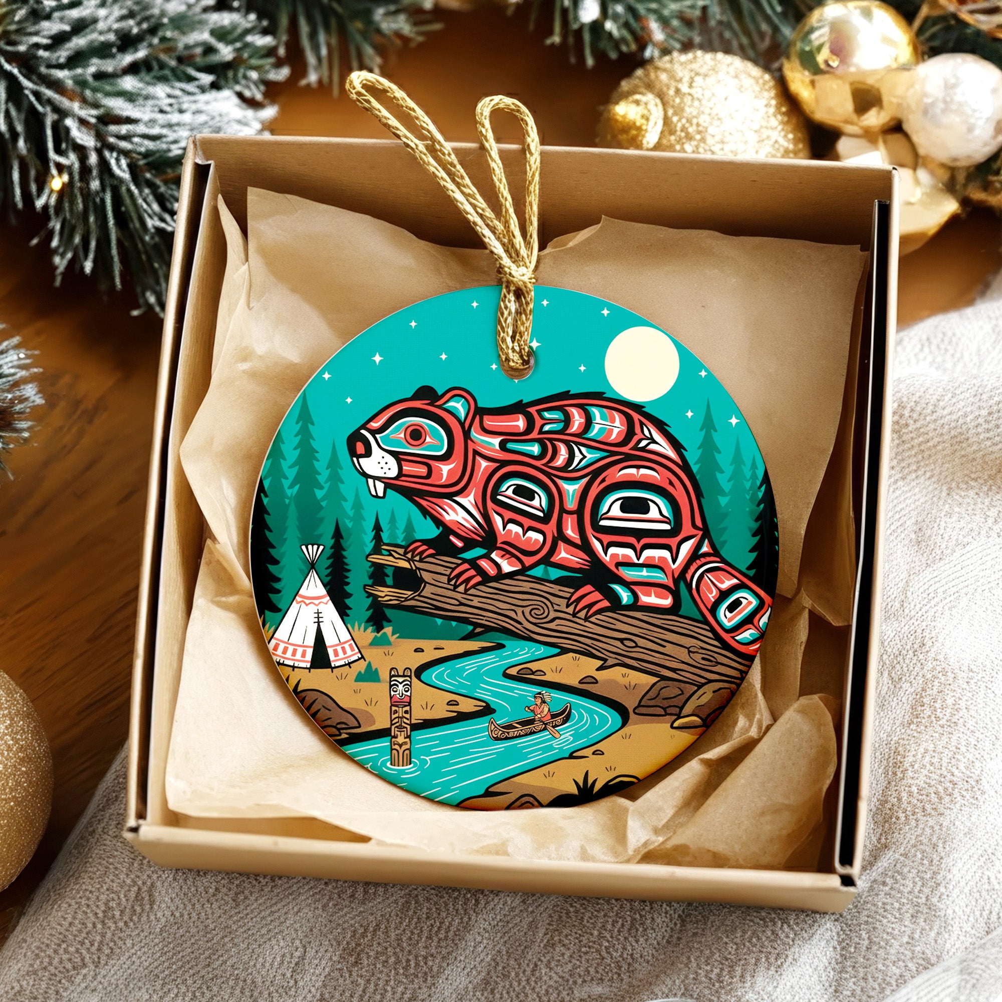 Beaver of the Sacred River Ceramic Ornament – Indigenous Art Decor