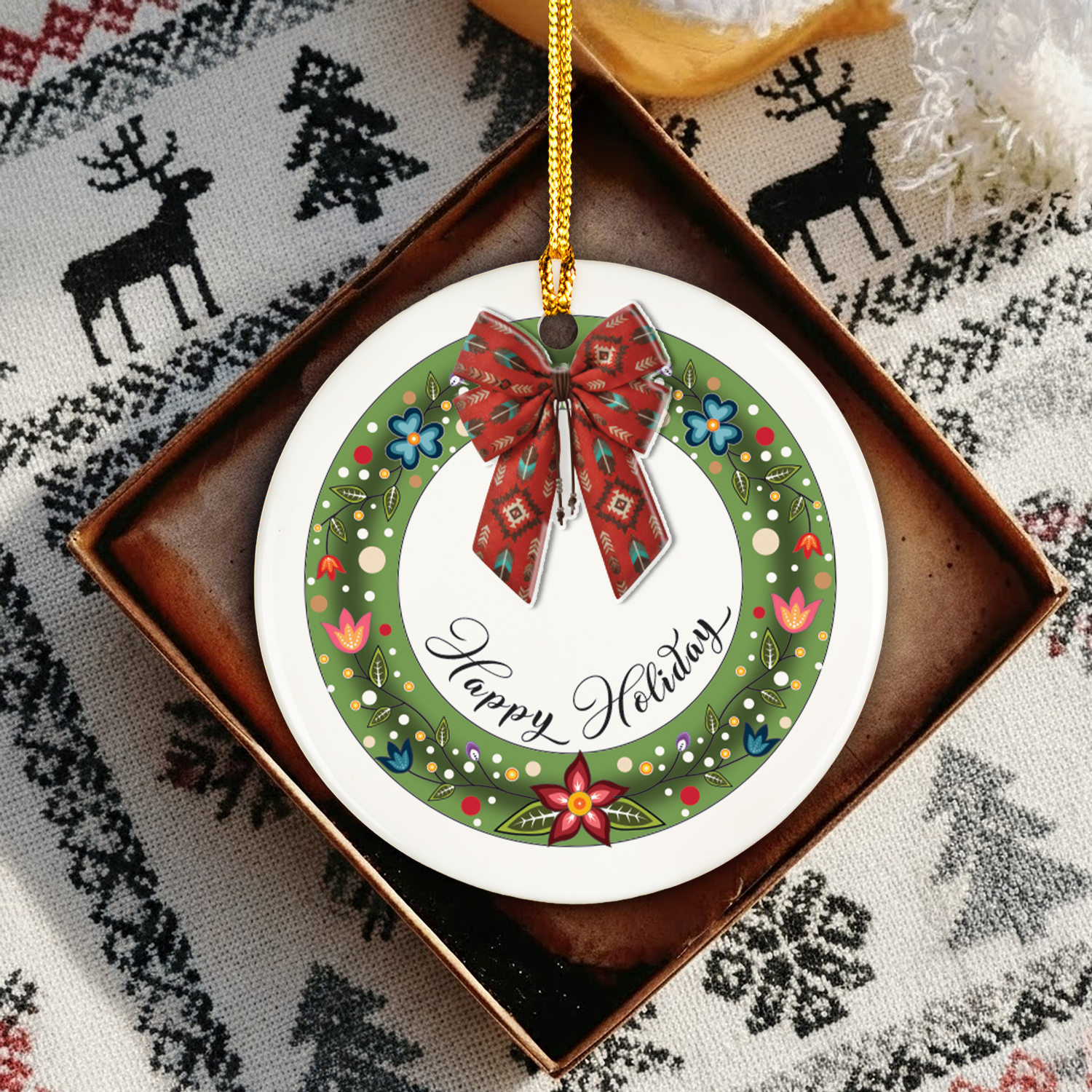 Tribal Bow Wreath Ceramic & Acrylic Round Ornament Native-Inspired Holiday Decor